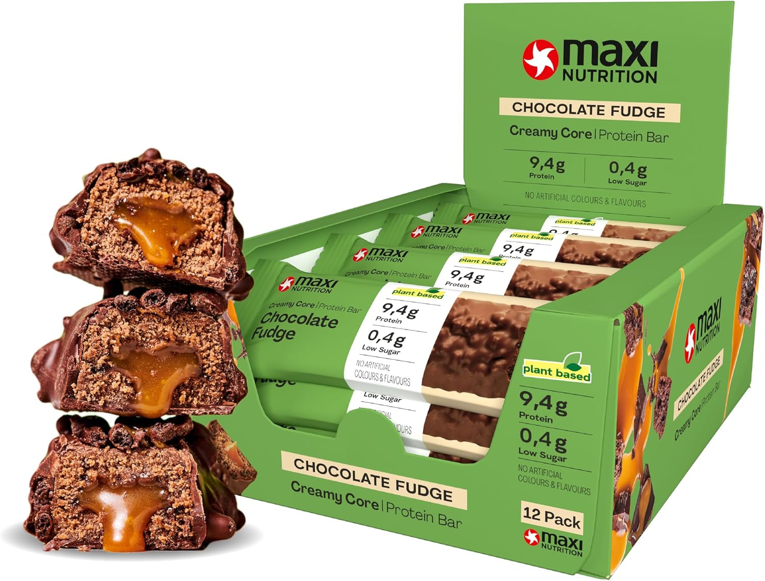 MaxiNutrition Barretta proteica vegana cremosa con cioccolato, arachidi e caramello 12x45g - barretta proteica vegana, 18% di proteine, 8,3 g per barretta, basso contenuto di zucchero (0,9 g), senza zuccheri aggiunti, senza aromi artificiali