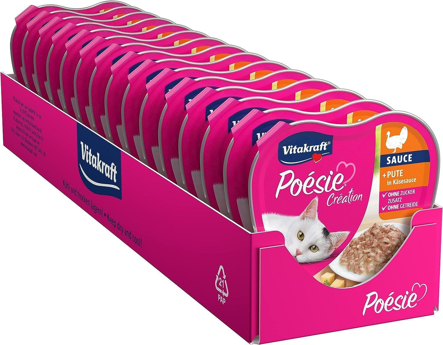 Vitakraft Poésie Création, cibo umido per gatti, cibo umido per gatti in salsa, con tacchino in salsa di formaggio, confezione multipla, senza zuccheri aggiunti o cereali (15 x 85 g)