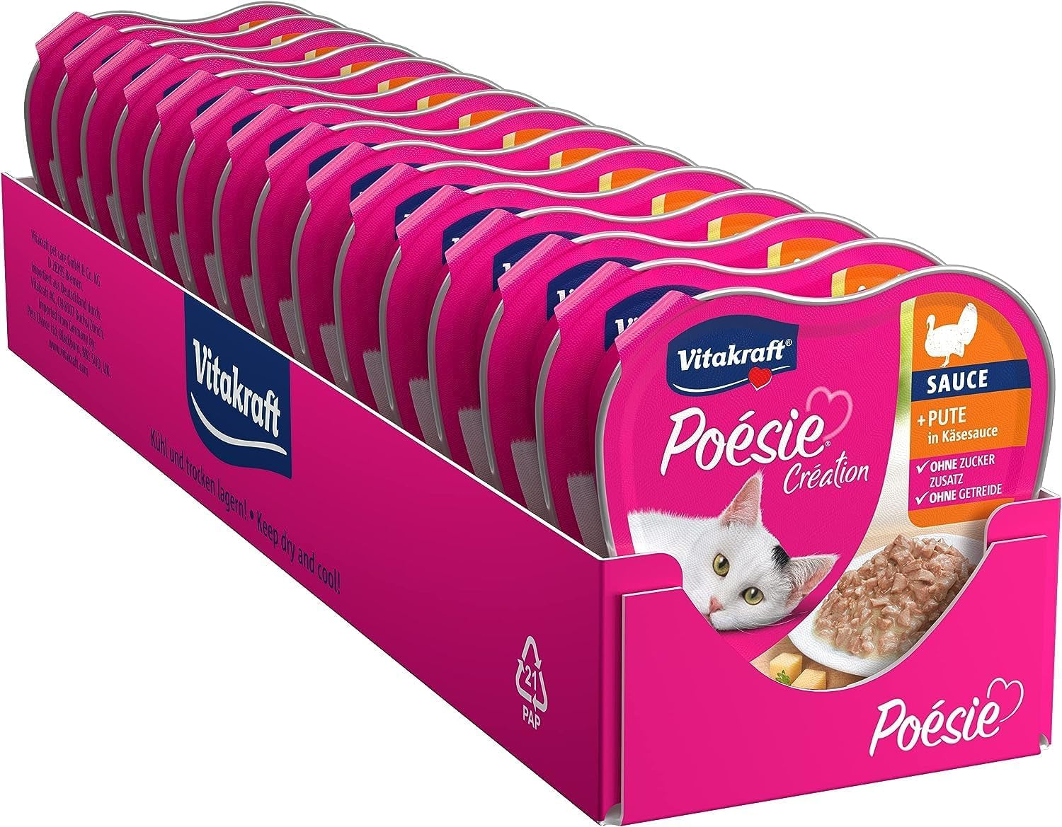 Vitakraft Poésie Création, cibo umido per gatti, cibo umido per gatti in salsa, con tacchino in salsa di formaggio, confezione multipla, senza zuccheri aggiunti o cereali (15 x 85 g)