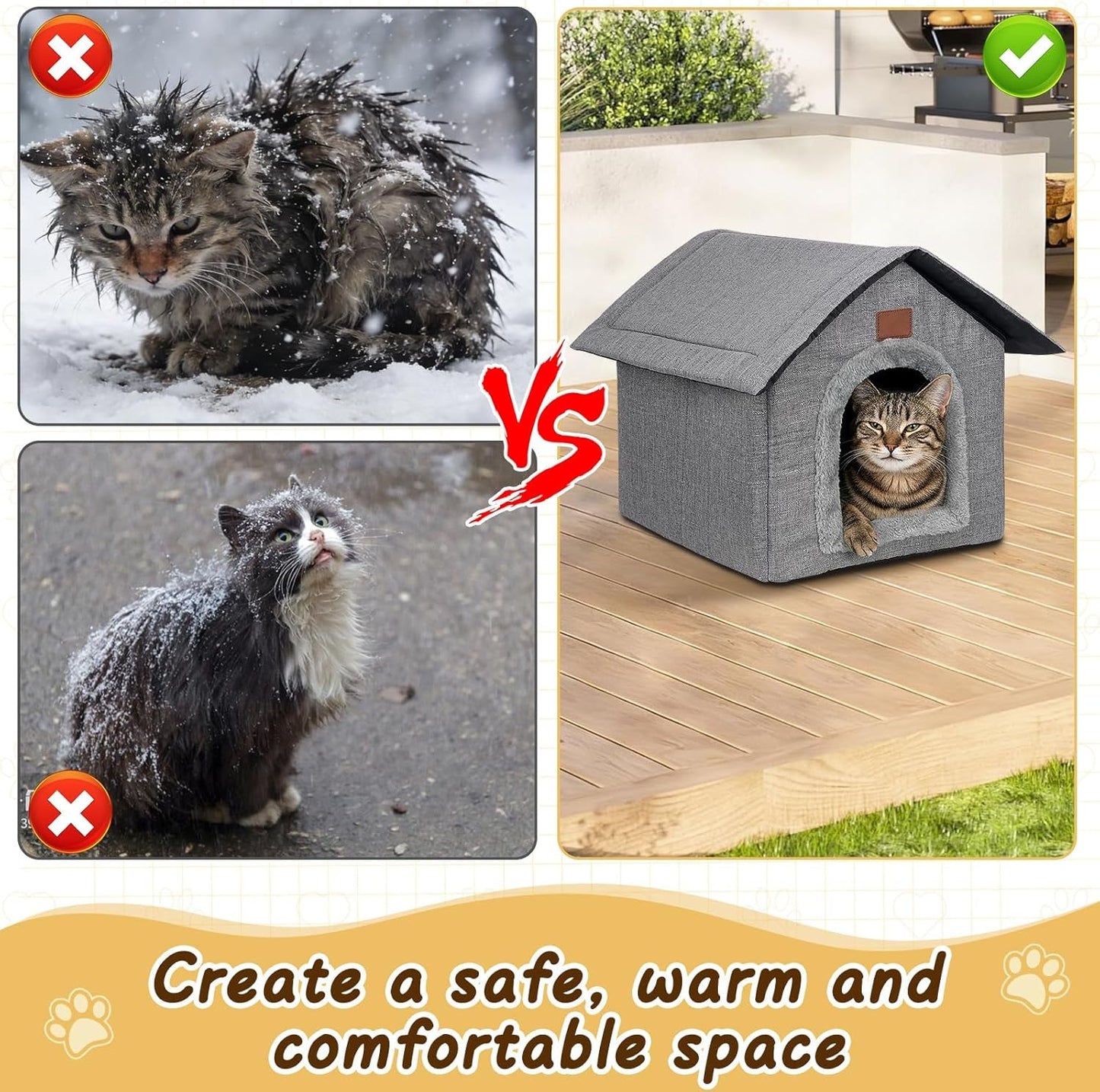 Katzenhaus Outdoor Winterfest, Katzenhöhle, Hundehöhle mit Abnehmbarem Plüschkissen, Wasserdicht Wetterfester, Hundehütte Indoor, Hundehaus für Drinnen/Indoor 35x30x35cm (Grigio, S)