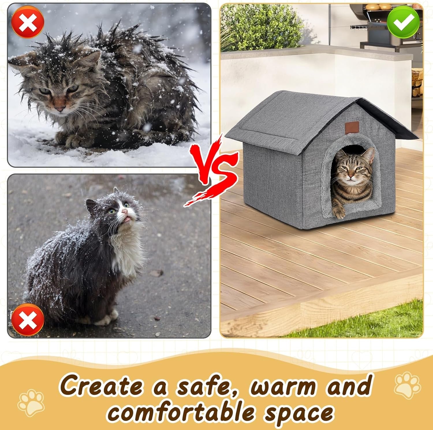 Katzenhaus Outdoor Winterfest, Katzenhöhle, Hundehöhle mit Abnehmbarem Plüschkissen, Wasserdicht Wetterfester, Hundehütte Indoor, Hundehaus für Drinnen/Indoor 35x30x35cm (Grigio, S)