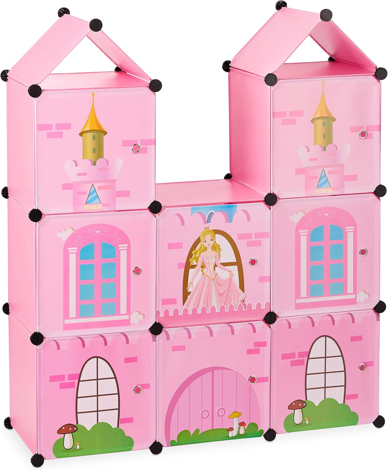 Scaffale modulare Relaxdays per la cameretta dei bambini, design castello principessa, plastica, armadio fai da te con ante, HL: 128 x 110 x 37 cm, rosa
