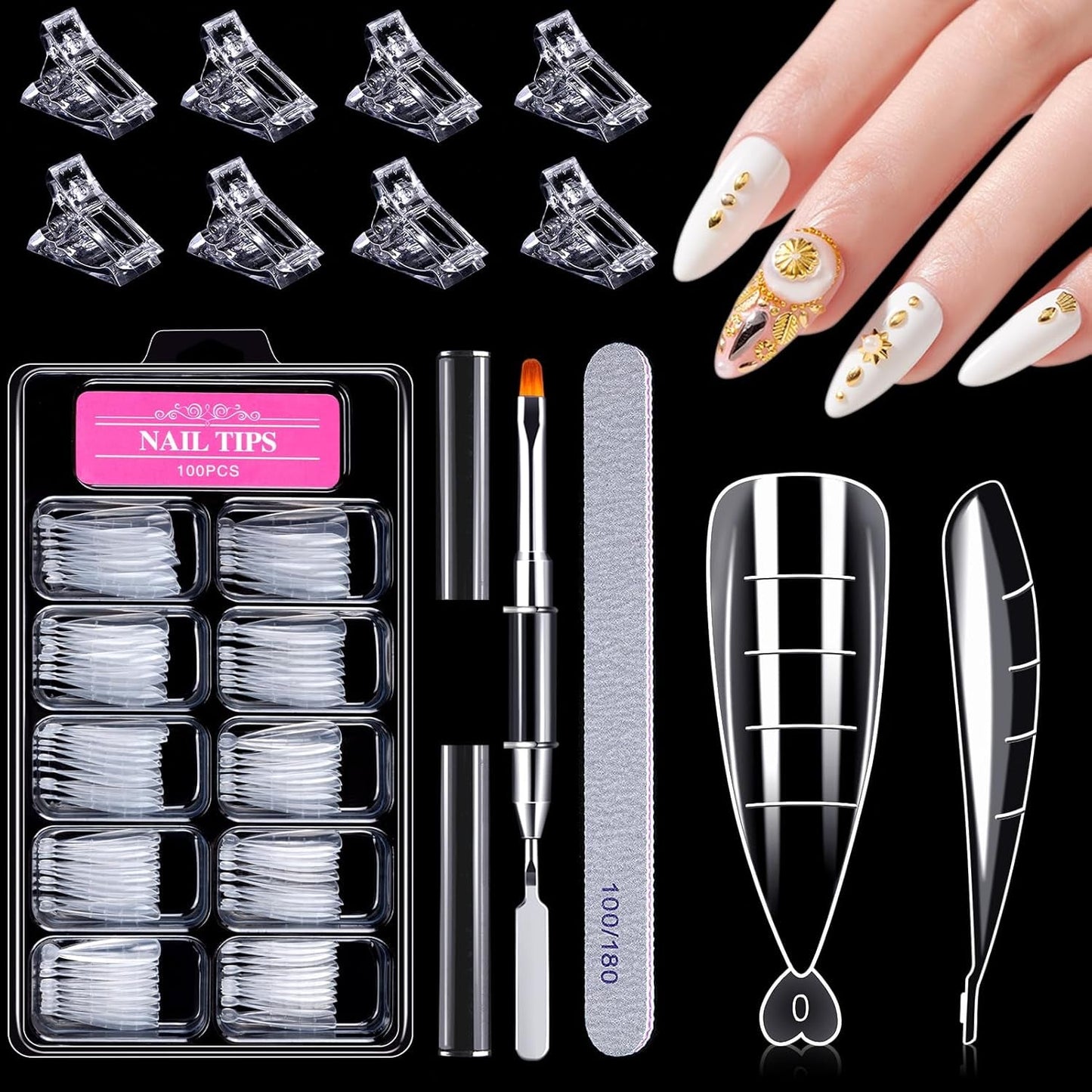 Set di forme per unghie da 120 pezzi, estensioni per unghie, forme per unghie in gel, set di forme per unghie con pennello a doppia testa e lima per unghie con clip, per unghie in gel