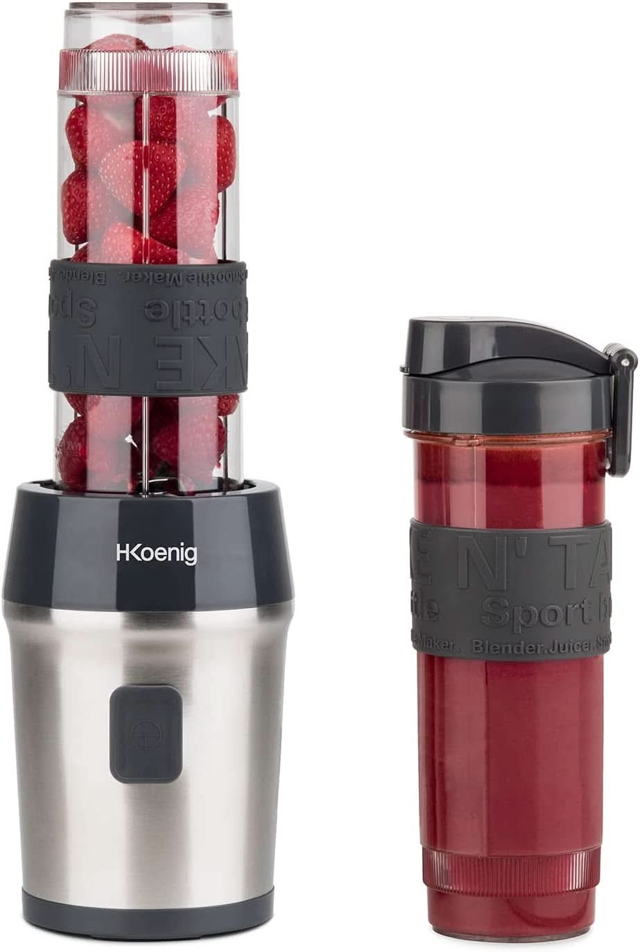 H.Koenig Smoothie Maker SMOO9 - Mini Robot da cucina - Mini Frullatore - 300 Watt - 570 Ml - Edelstahl - 2 Kunststoffflaschen - Bpa-Frei, Grau Kitchen Naty Shop Grau