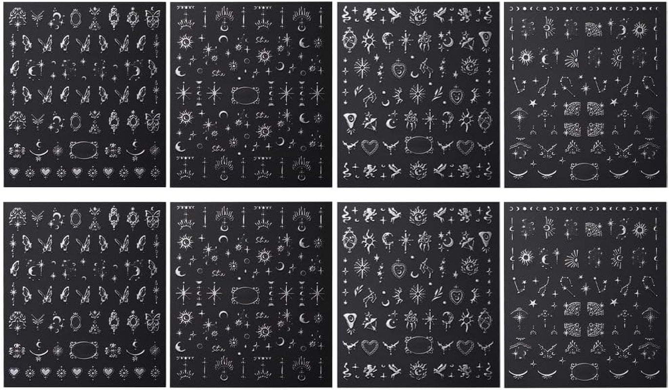 Adesivi per unghie metallizzati argento 3D, adesivi per unghie per donne, stella, luna, sole, lamina per unghie, adesivi autoadesivi, adesivi per unghie farfalla, adesivi per unghie, accessori per design delle unghie, 8 pezzi