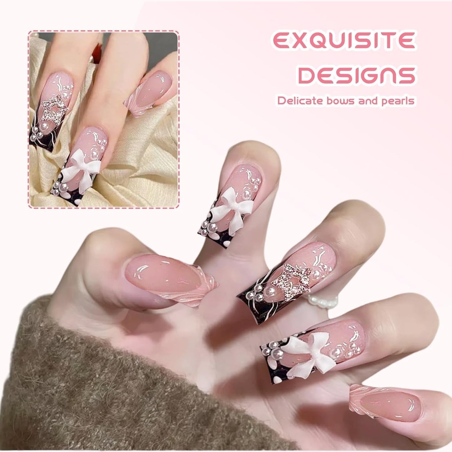 24 pezzi di strass di media lunghezza rosa perla quadrata glitter 3D unghie finte per donne e ragazze