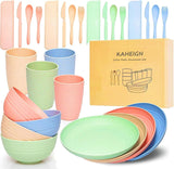 Set di posate in plastica da campeggio per 4 persone, riutilizzabili, indistruttibili, piatti, tazze, ciotole e posate leggere, ecologiche, riutilizzabili, adatte al microonde e alla lavastoviglie