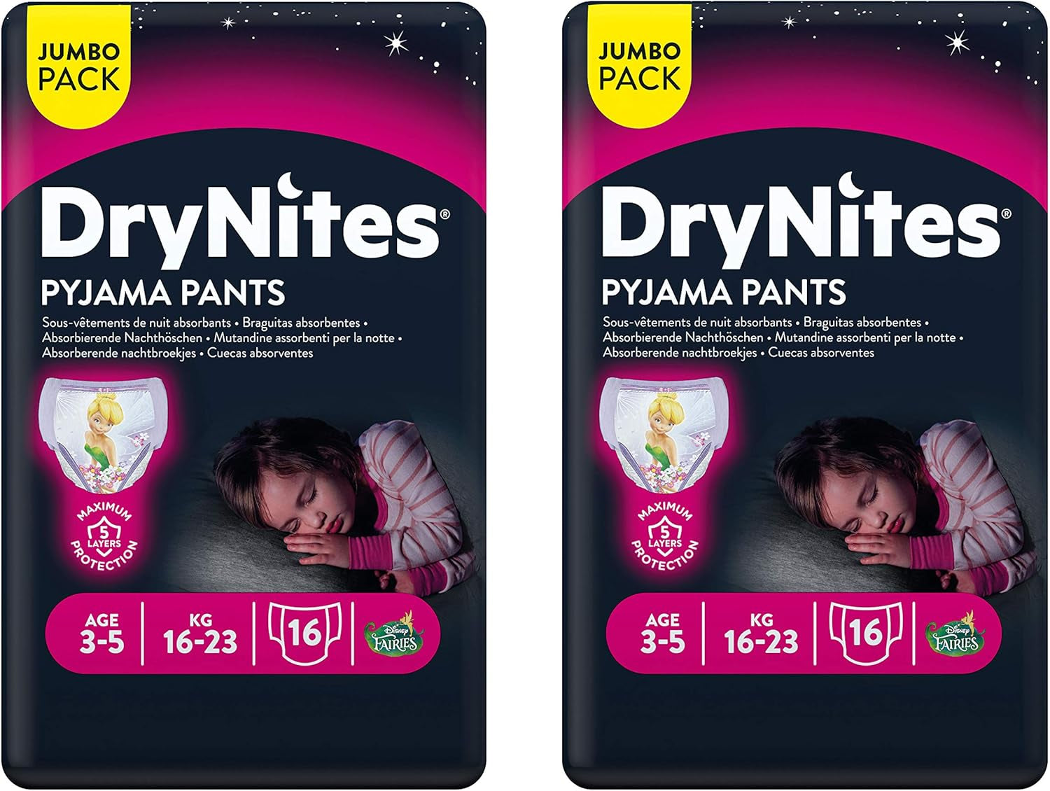 Indumenti da notte per ragazze Huggies DryNites, 3-5 anni (16-23 kg), 2 x 16 pezzi