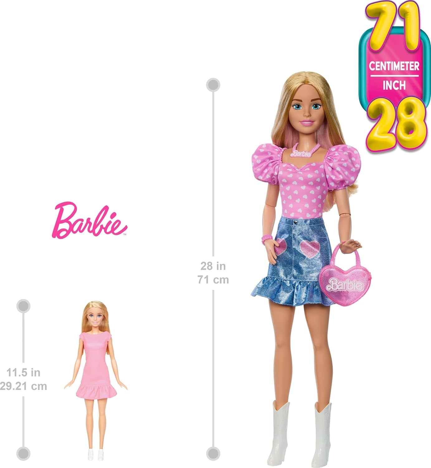 Bambola Barbie alla moda da 71 cm bionda con vestiti staccabili top rosa gonna di jeans stivali da cowboy collana e borsa HYT84