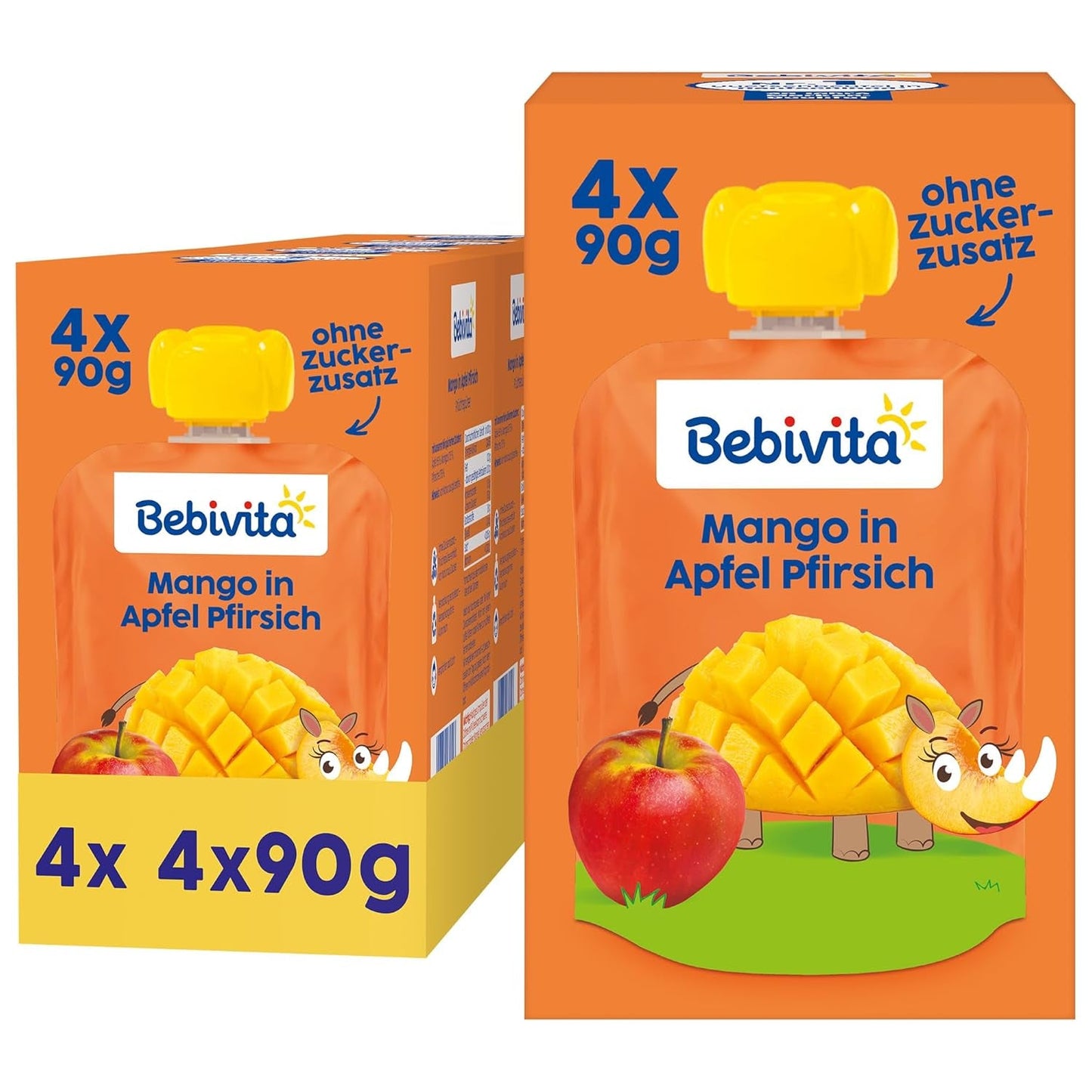 Buste comprimibili mango mela pesca - confezione da 16 (confezione da 4, 4 x 90 g ciascuna), senza zuccheri aggiunti, senza glutine, ideali per snack confezionati e in viaggio