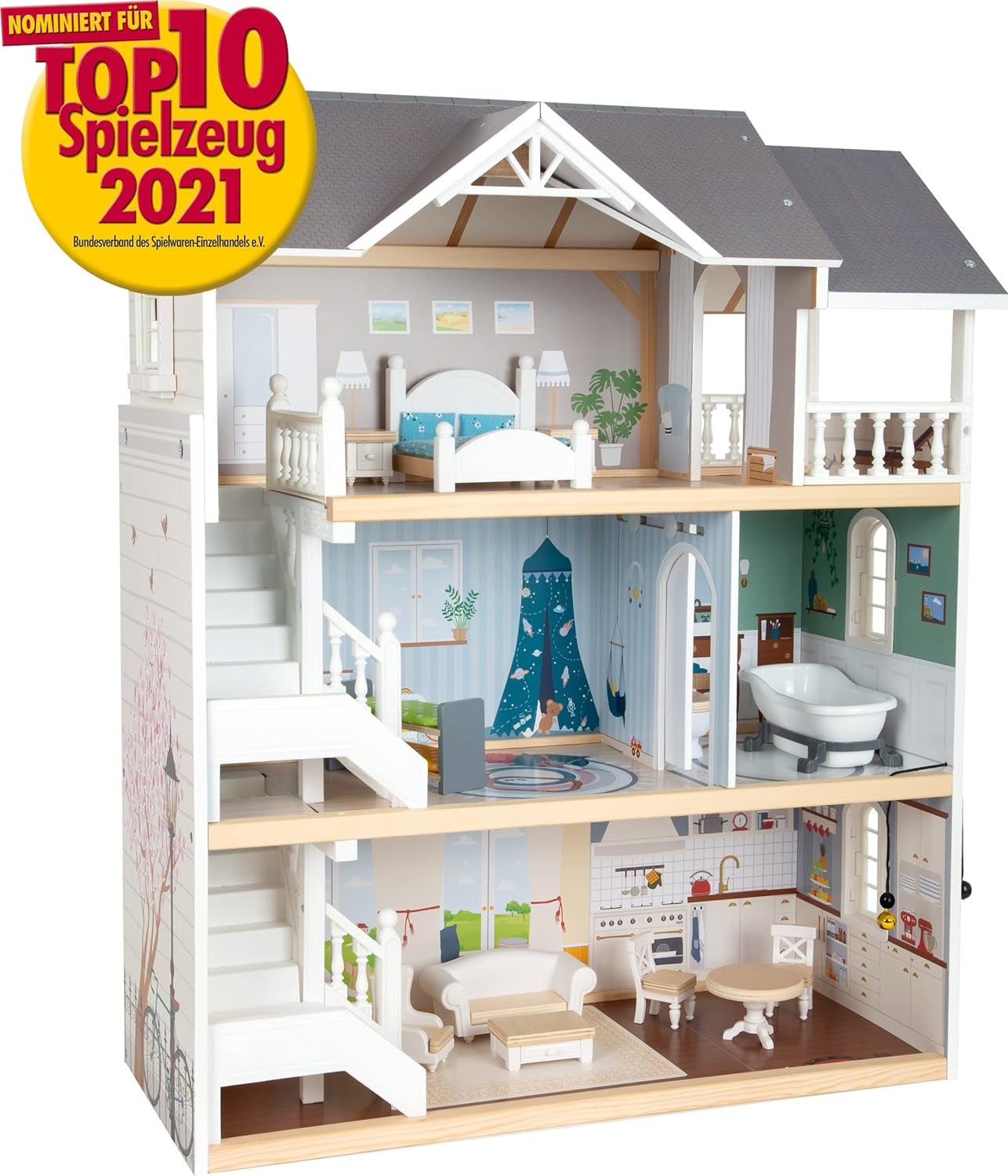 Small Foot Casa delle bambole in legno a 3 piani con apertura frontale e 12 mobili per bambini dai 3 anni in su 11802 Bianco Grigio