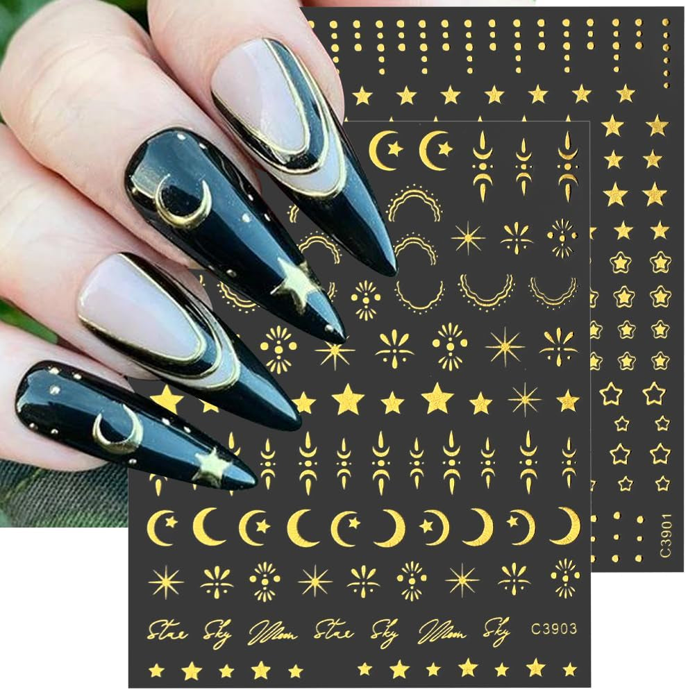 8 fogli Luna e stelle dorate Adesivi per nail art Ali d'angelo Adesivi per unghie color oro marrone chiaro Stelle Foil per unghie Adesivi autoadesivi per unghie Accessori per il design delle unghie Adesivi per unghie