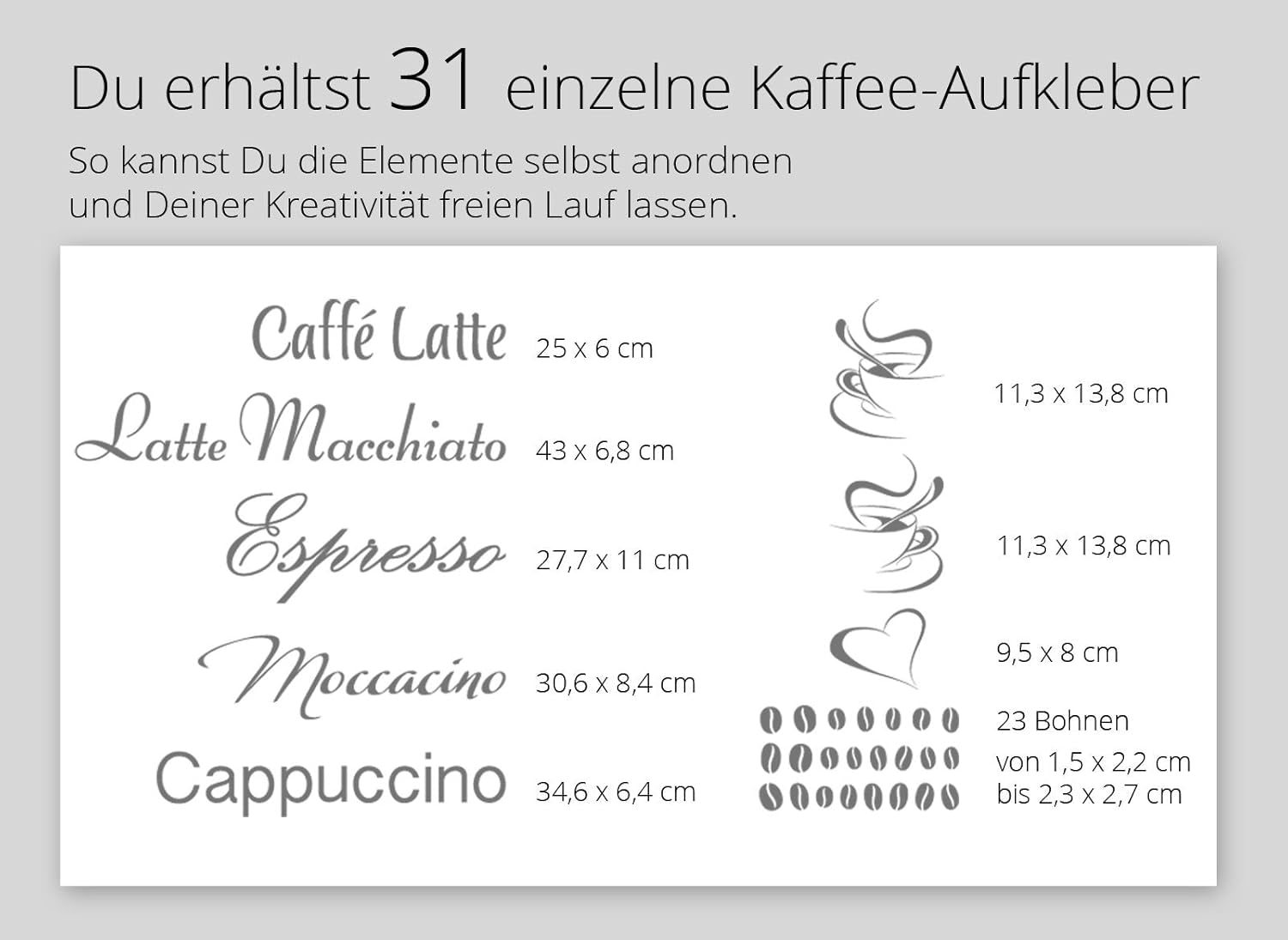 Wandtattoo Kaffee-Sorten I braun I Herz Kaffeetasse Kaffeebohnen Küche Esszimmer Adesivo Aufkleber Wandaufkleber Wandsticker G006