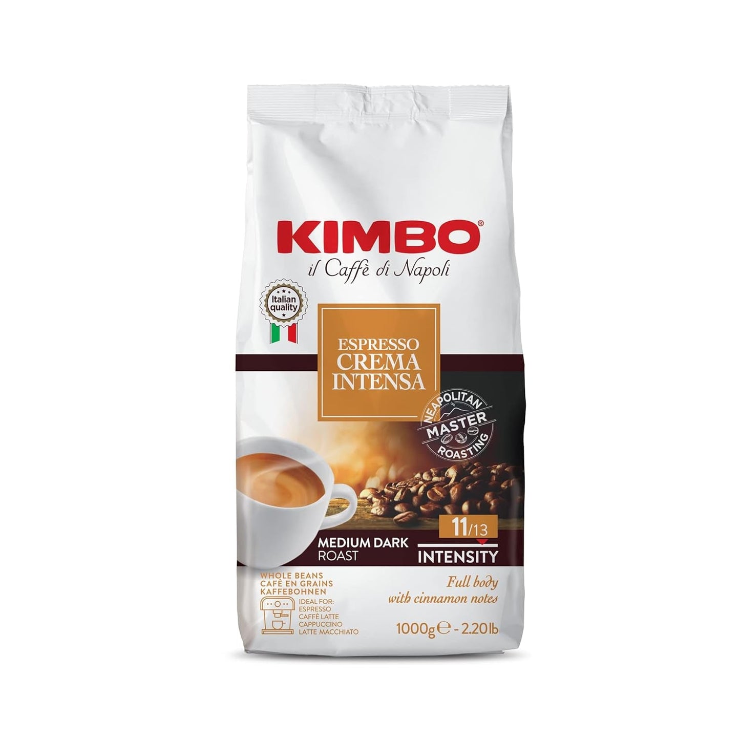 Espresso Crema Intesa, 6 caffè in grani x 1 kg, miscela corposa e intensa, intensità 11/13, tostatura media, 6 confezioni da 1 kg cad.