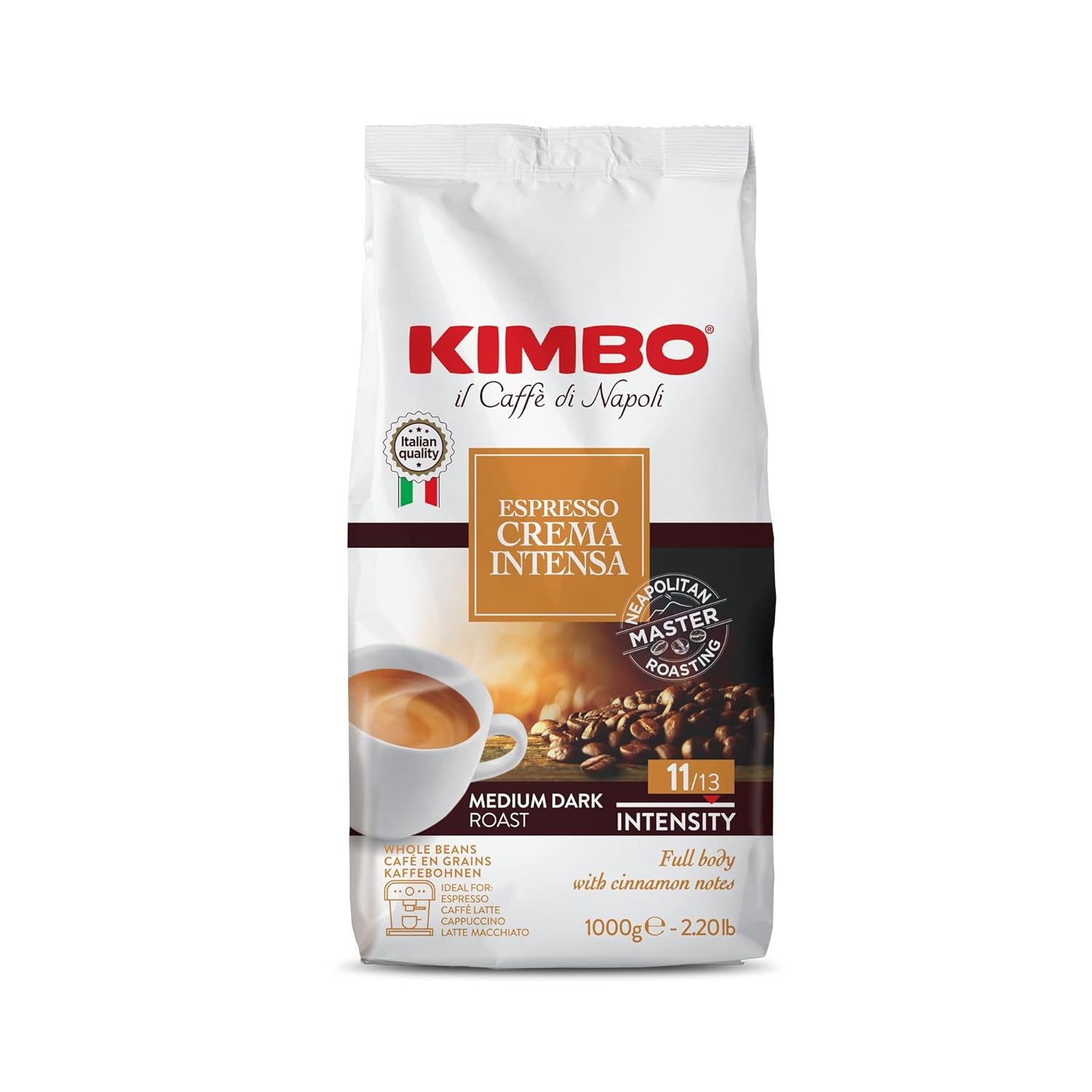 Espresso Crema Intesa, 6 caffè in grani x 1 kg, miscela corposa e intensa, intensità 11/13, tostatura media, 6 confezioni da 1 kg cad.