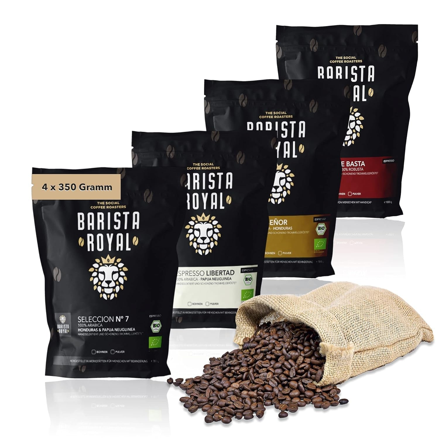 Set campione di chicchi di caffè espresso 4 chicchi di caffè espresso da 350 g | Pacchetto scoperta/Pacchetto campione | Robusta e Arabica | Ideale per dispositivi completamente automatici e portafiltro | BARISTA REALE