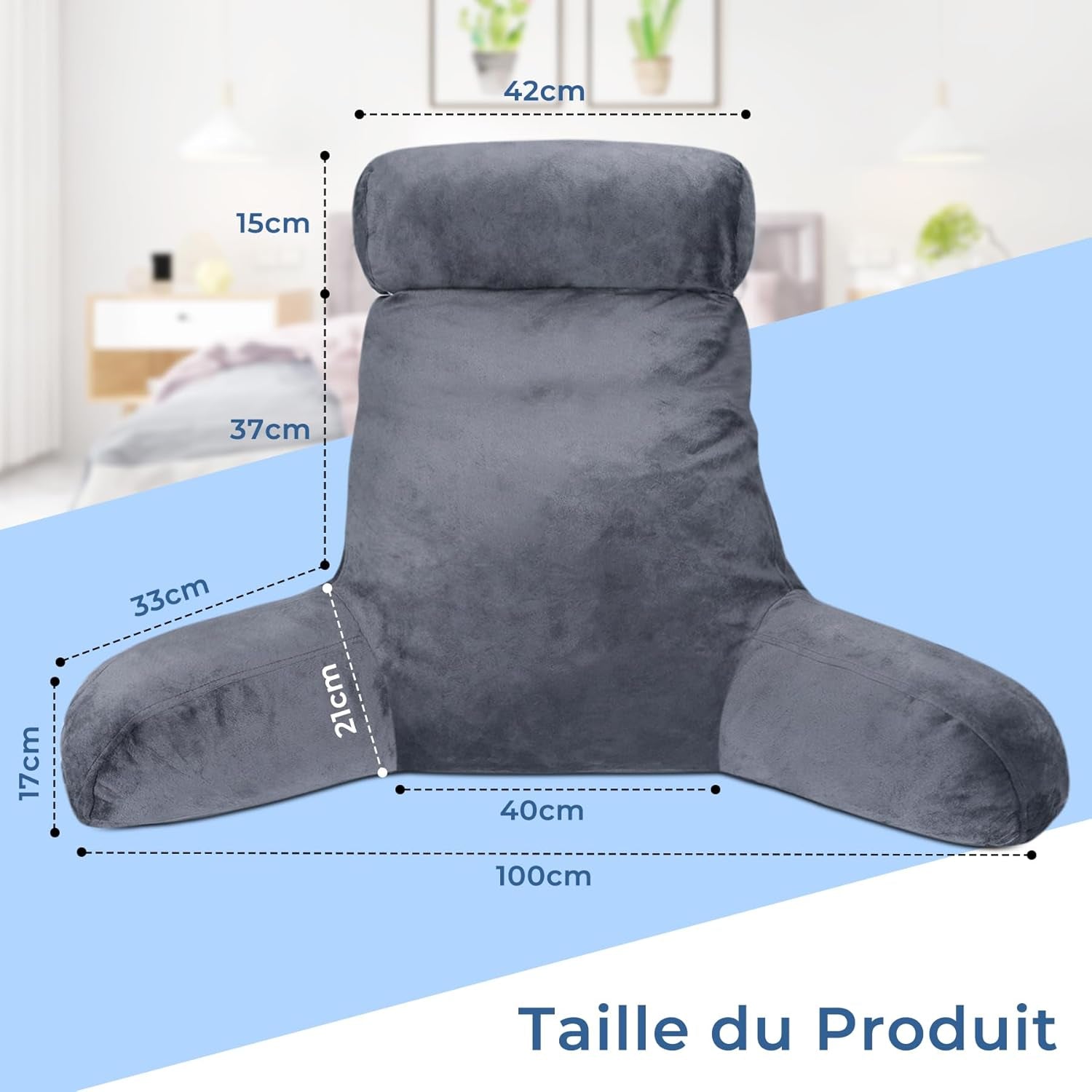 INFANTIA cuscino da lettura ergonomico con braccioli, supporto per la schiena, grande, grigio
