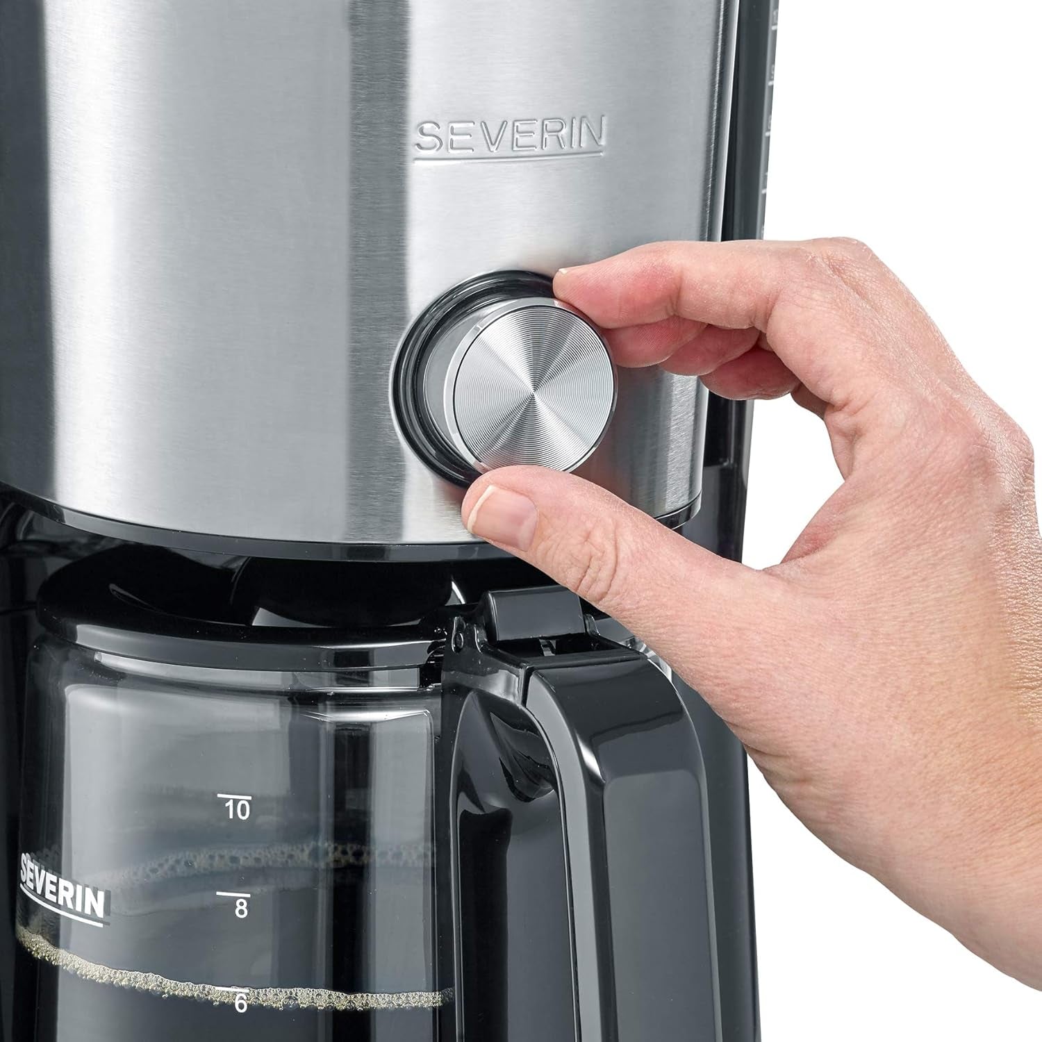 Macchina per caffè espresso SEVERIN "TypeSwitch" con caraffa in vetro e timer, AromaSwitch per scegliere 2 opzioni di erogazione, orologio digitale con funzione timer, per un massimo di 10 tazze, 1000 W, acciaio inossidabile spazzolato-nero, KA 4826