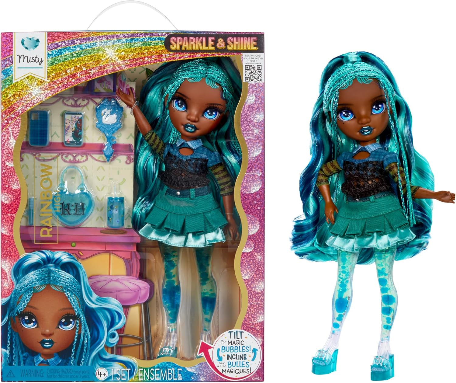 Bambola Arcobaleno Scintillante e Brillante - Misty - Bambola alla moda da 28 cm con capelli turchesi e bolle magiche in piedi, vestiti colorati e gioco da collezione per 4-12 anni