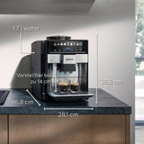 Macchina per caffè espresso automatica Siemens EQ.6 plus s300 TE653501DE, per molte specialità di caffè, montalatte, macinacaffè in ceramica, doppia funzione caffè, anticalcare, pulizia automatica a vapore, 1500 W, argento