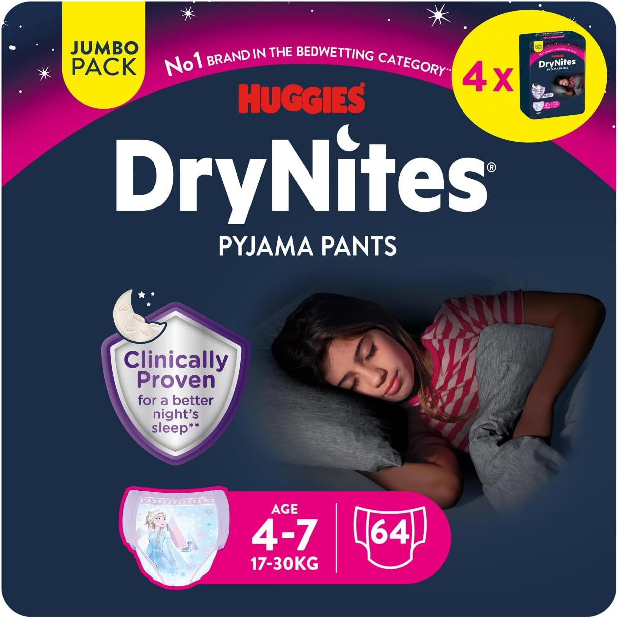 Huggies DryNites Pannolini notturni super assorbenti per ragazze 4-7 anni, 4 x 16 pannolini (64 pezzi), confezione mensile
