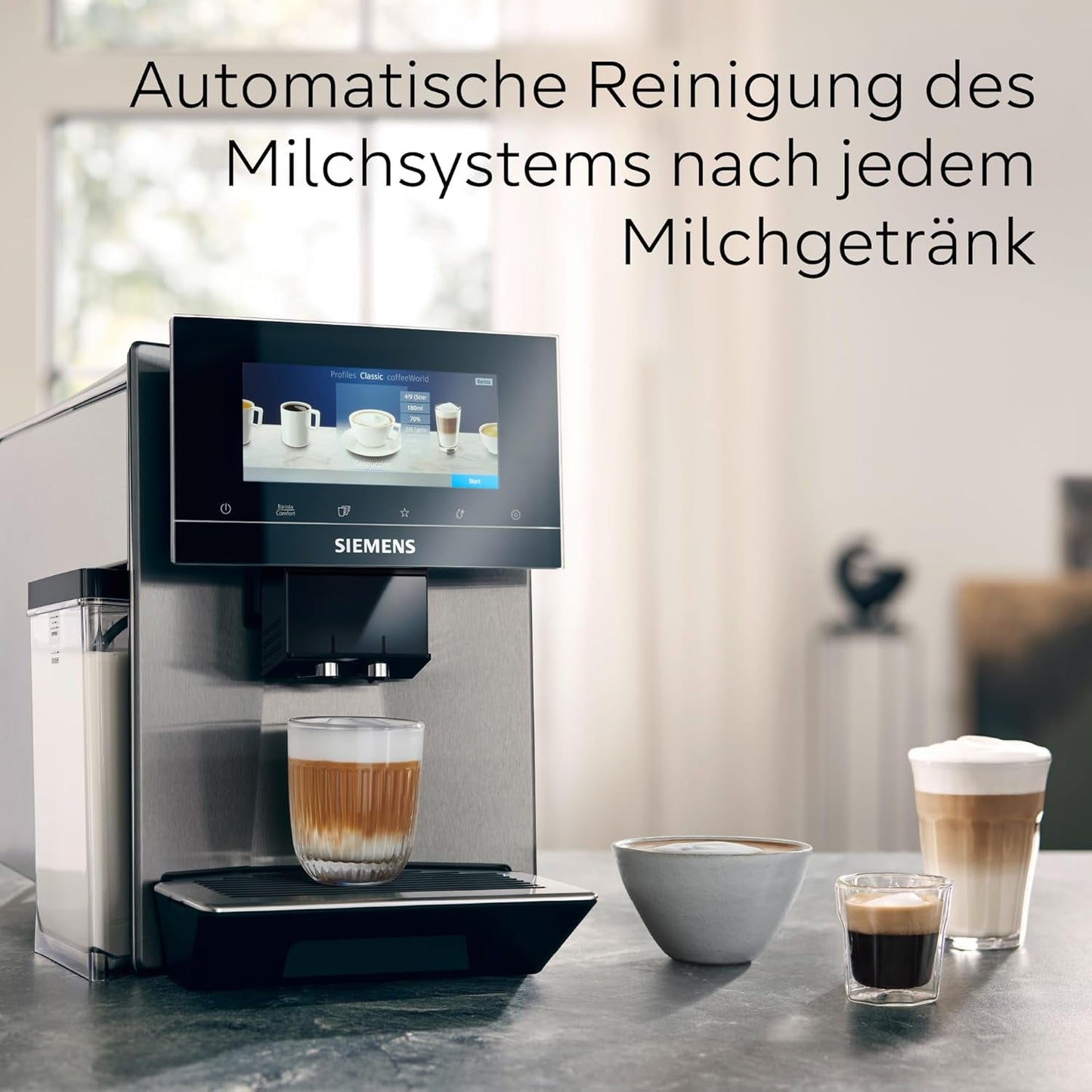 Siemens EQ900 TQ903D03 Macchina per caffè espresso automatica, Controllo app, Display touch intuitivo, Modalità Barista, AromaBoost, Riduzione del rumore, Macinacaffè Premium, Pulizia automatica a vapore, 1500 W, Acciaio inossidabile