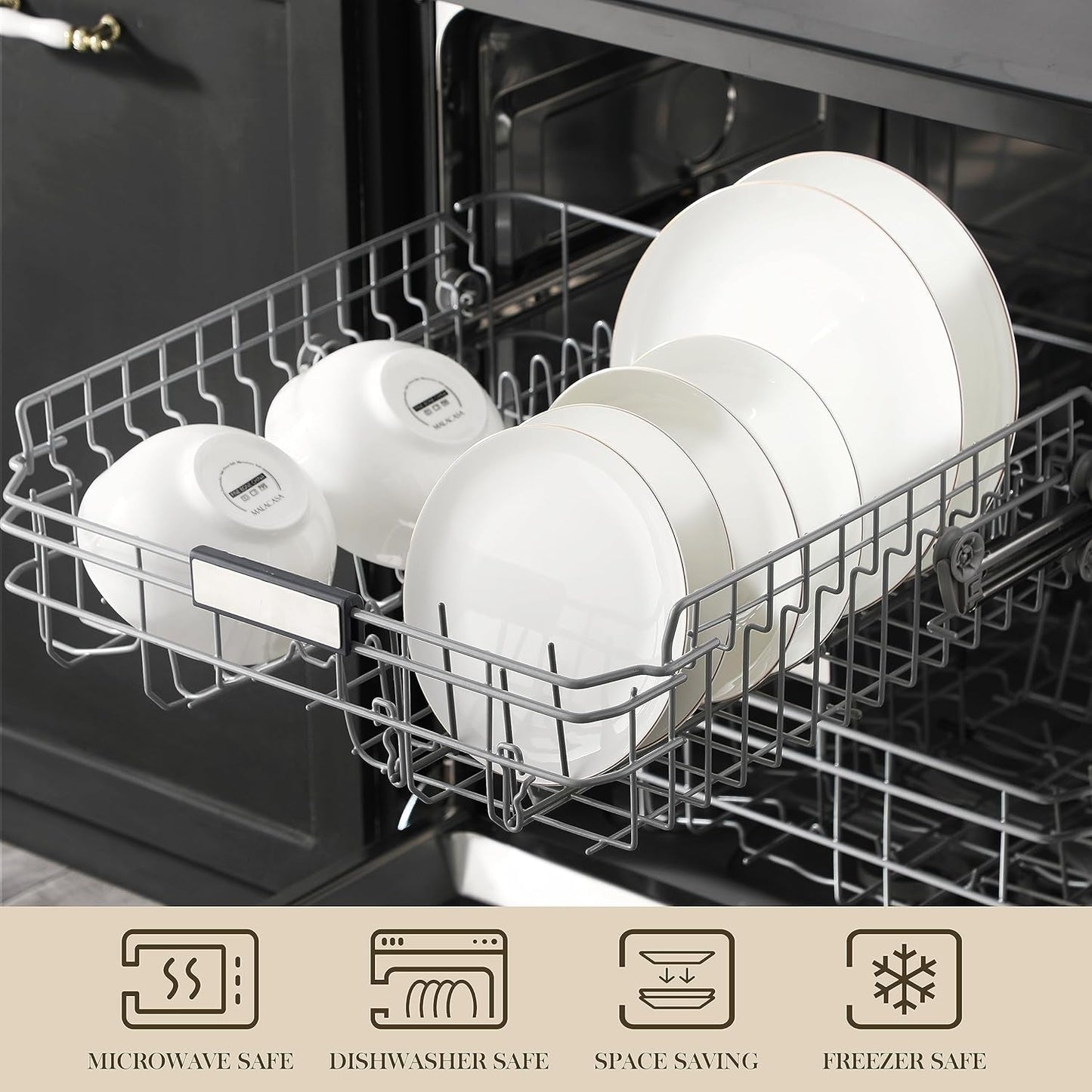 MALACASA Servizio Piatti 4 Persone Bone China Servizio Piatti 16 Pezzi Rotondo Bianco con Bordo Oro Set Combinato di 4 Piatti Piani 4 Piatti Dessert 4 Piatti Suma e 4 Ciotole per Cereali Serie NORI