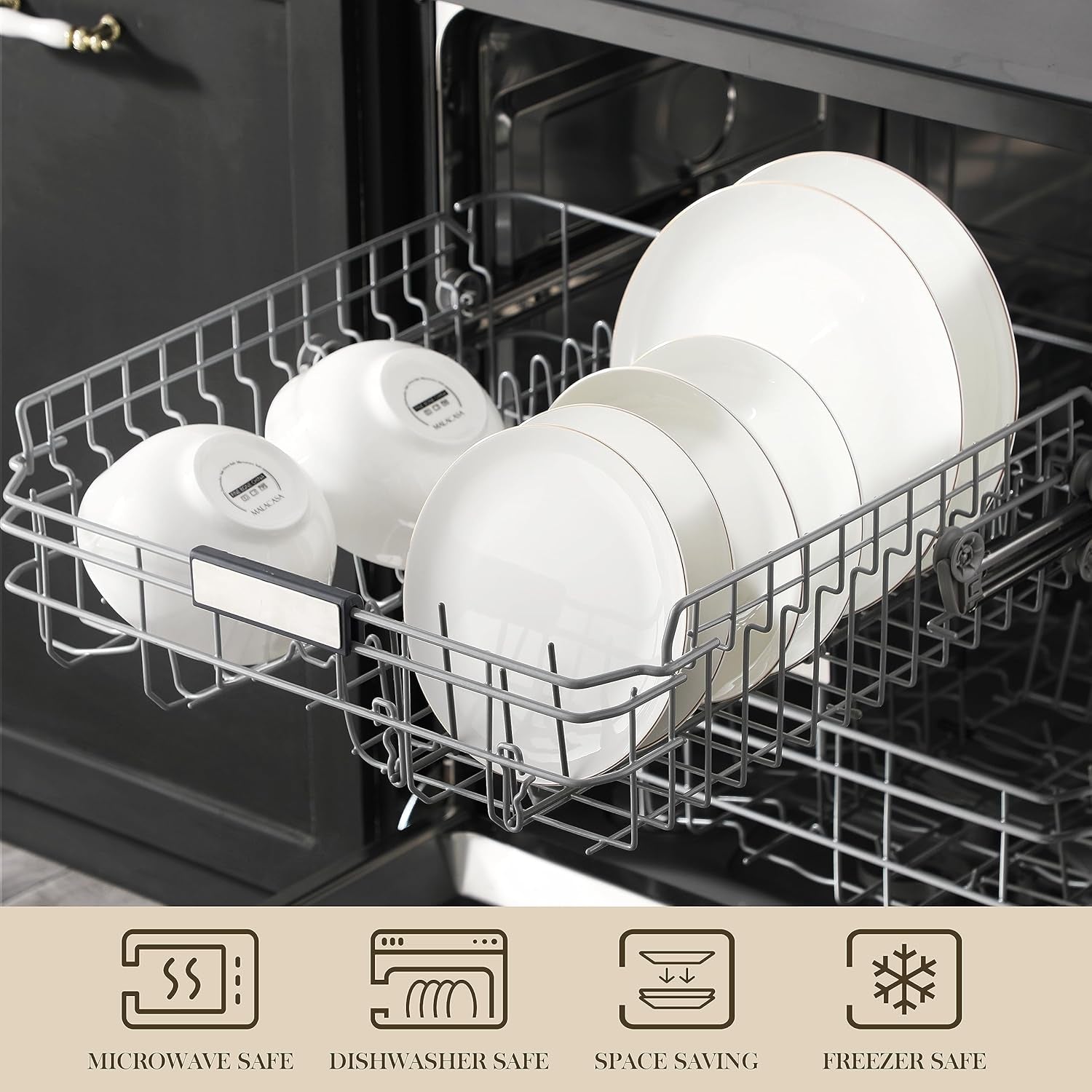 MALACASA Servizio Piatti 4 Persone Bone China Servizio Piatti 16 Pezzi Rotondo Bianco con Bordo Oro Set Combinato di 4 Piatti Piani 4 Piatti Dessert 4 Piatti Suma e 4 Ciotole per Cereali Serie NORI
