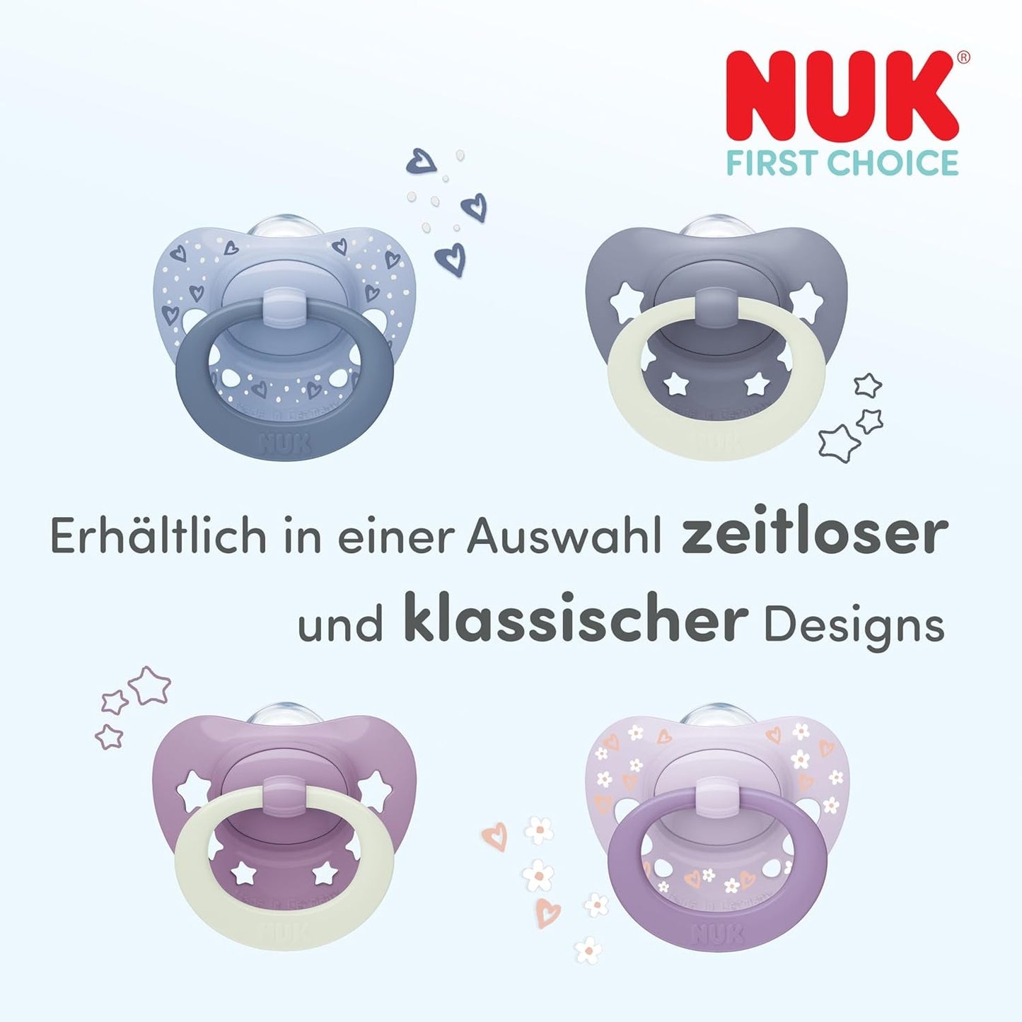 Ciucci classici diurni e notturni NUK First Choice per neonati | 6-18 mesi | Ciucci ortodontici che si illuminano al buio | 95% di accettazione da parte dei bambini** | Blu | Confezione da 2