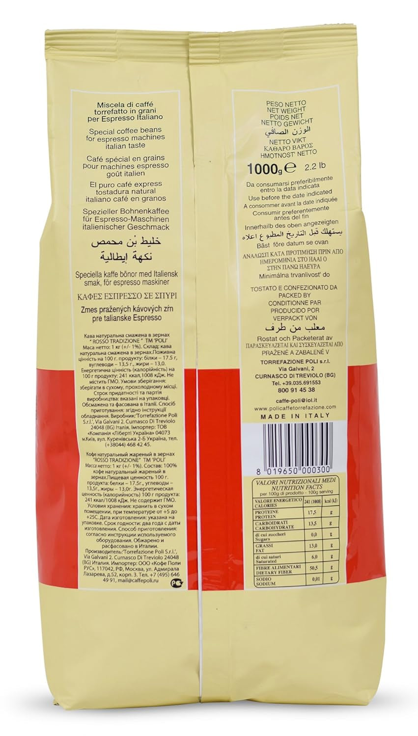 Caffè Poli Rosso | Espresso Tradizionale | Italian Espressobohnen | Ideale per Kaffeevollautomaten, Siebträger und Espressomashinen | 1x1kg