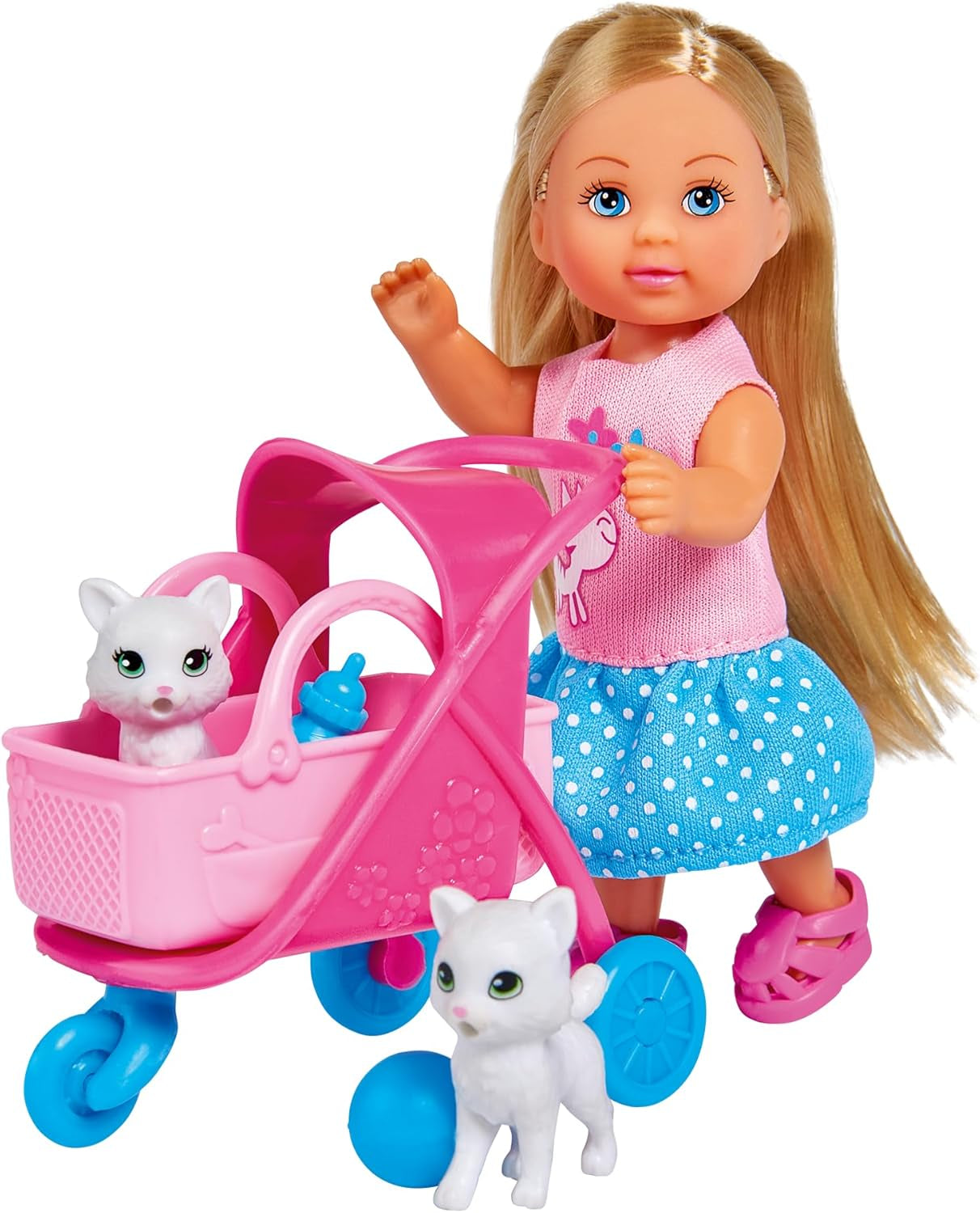 Simba 105733348 - Passeggino per gatti Evi Love, con due gatti nel passeggino, borsa staccabile, accessori, bambola da vestire, 12 cm, per bambini dai 3 anni in su