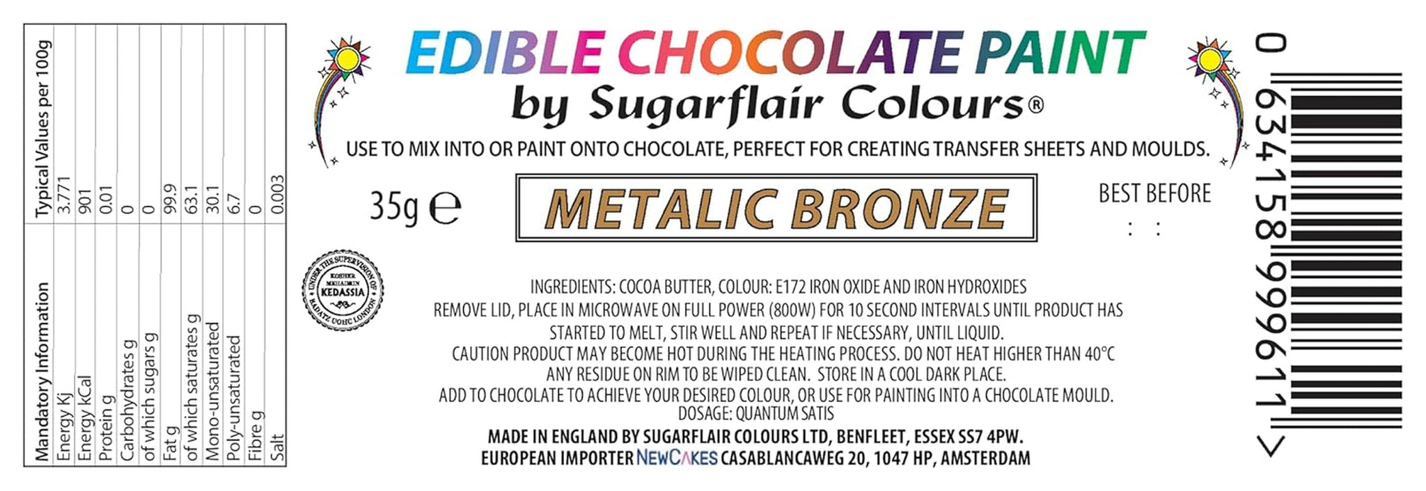 Colorante alimentare Sugarflair Chocolate Colorante alimentare per cioccolato, bronzo metallizzato - Burro di cacao biologico colorato, colorante per cioccolato per colorare cioccolato, praline - 35 g