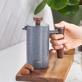 Pressa francese a doppia parete in marmo KARACA con manico in castagno - Pressa francese isolata per caffè - Caffettiera da campeggio da viaggio per la casa - 350 ml - Grigio scuro