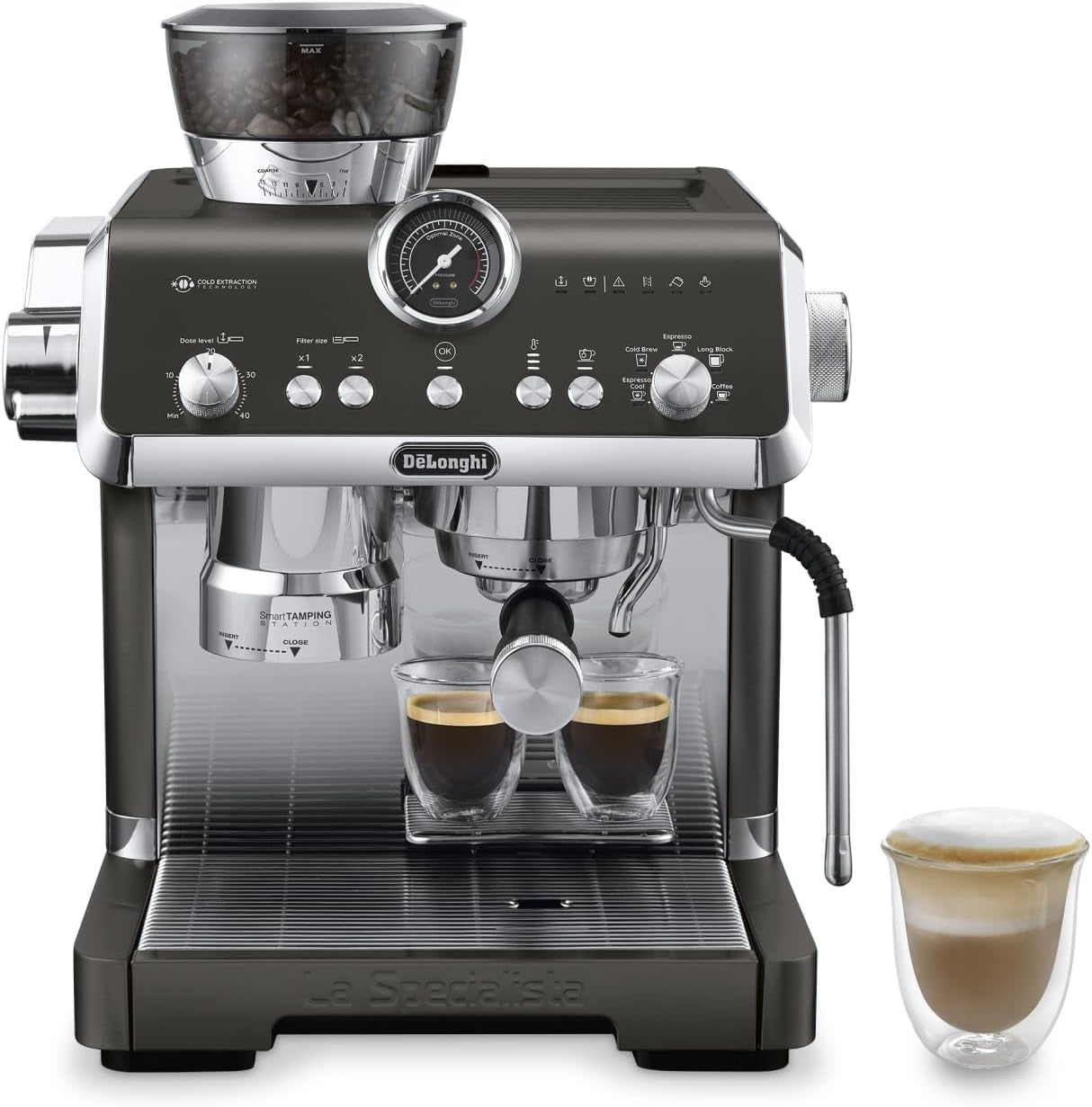 De'Longhi La Specialista Arte EC9155.MB macchina per caffè espresso portafiltro con macinacaffè, 8 impostazioni di macinatura, pressione 15 bar, 3 impostazioni di temperatura, montalatte, 1550 W, serbatoio da 1,7 litri, acciaio inossidabile/nero, incluso kit barista