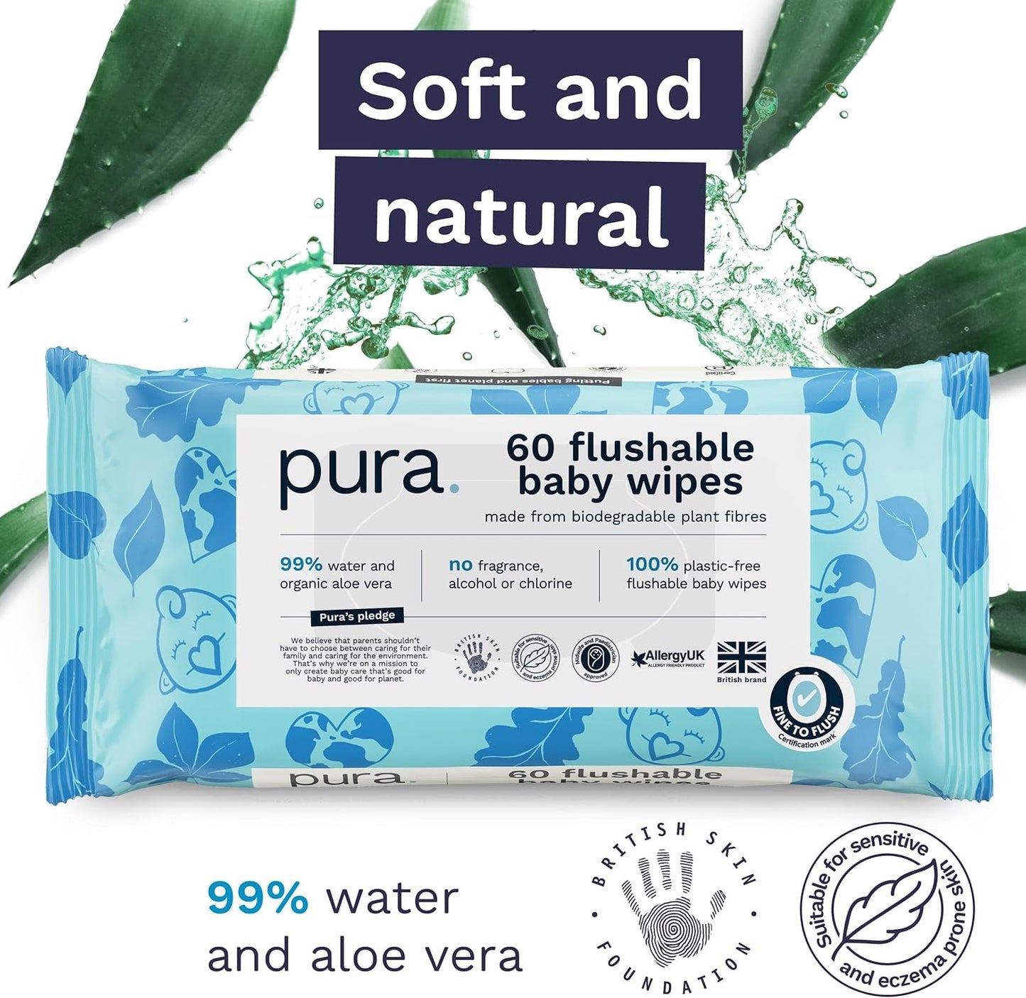 Salviette usa e getta ecologiche per la pelle sensibile del bambino 70 salviette (1 confezione) 99% acqua 100% senza plastica per pelle sensibile incline all'eczema Neonato biodegradabile Vegan