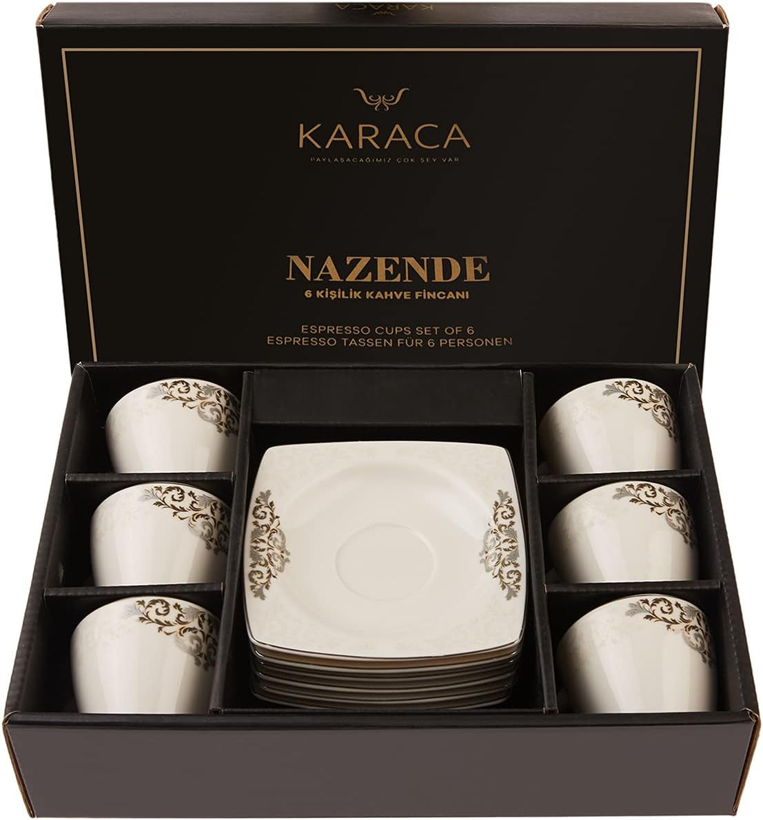 KARACA Set di tazze da caffè in porcellana Nazende - Tazze da caffè turche con piattini da 80 ml, Servizio da caffè moderno da 12 pezzi con 6 tazze da caffè e 6 piattini, Tazze da moka - Bianco