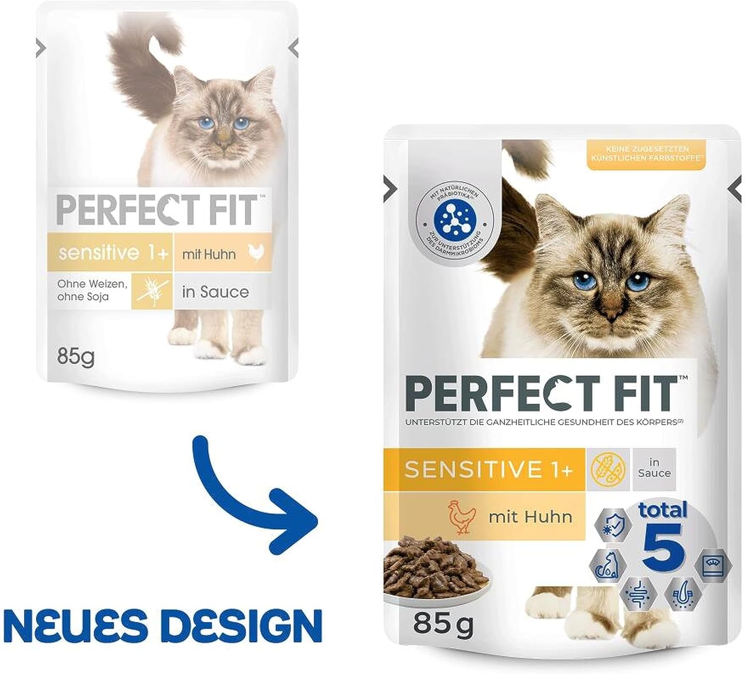 Cibo umido per gatti Perfect Fit Sensitive 1+ con pollo in salsa, 12 bustine, 12 x 85 g - Cibo umido premium per gatti sensibili a partire da 1 anno, senza frumento e soia, per favorire la digestione