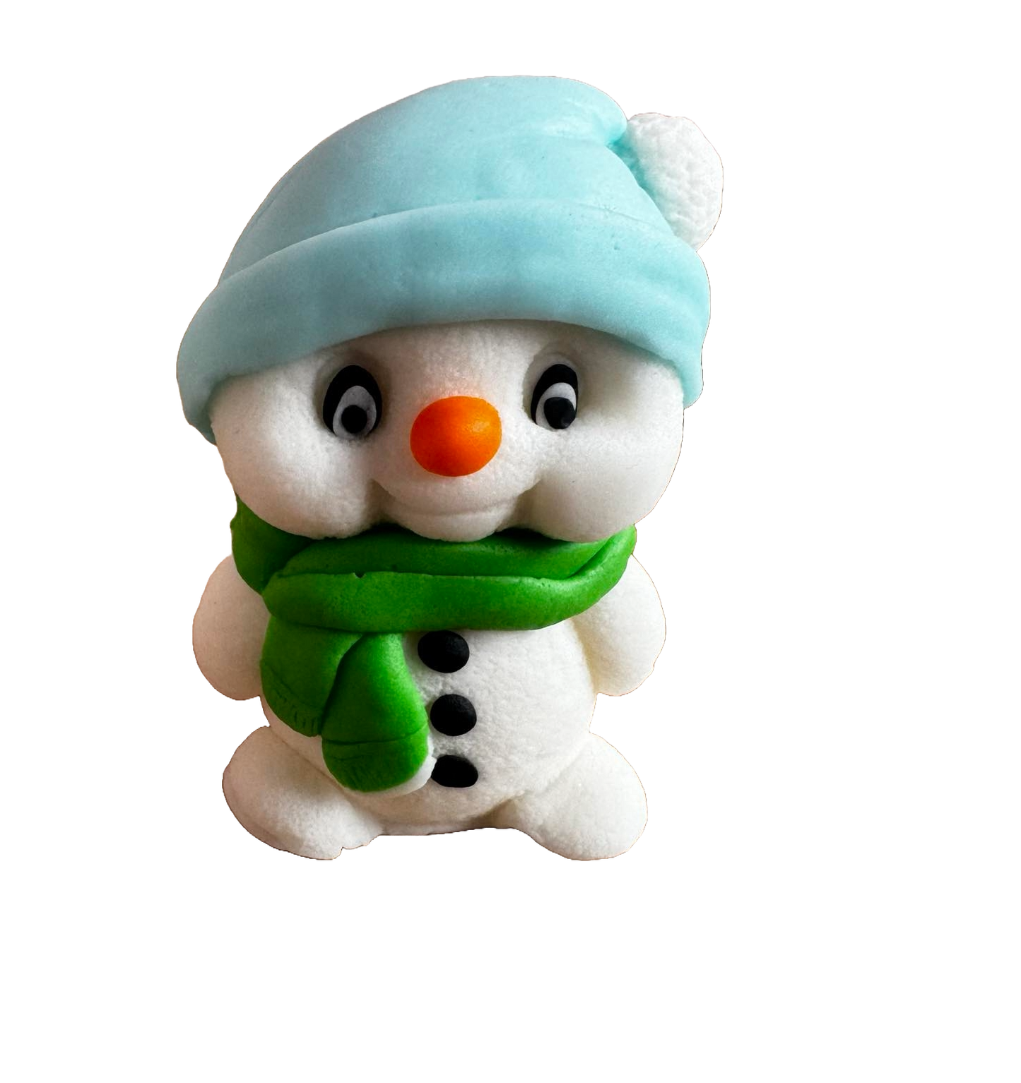 Decorazione commestibile in pasta di zucchero, Pupazzo di neve con sciarpa verde e cappello blu. Decorazioni in pasta di zucchero Naty Shop