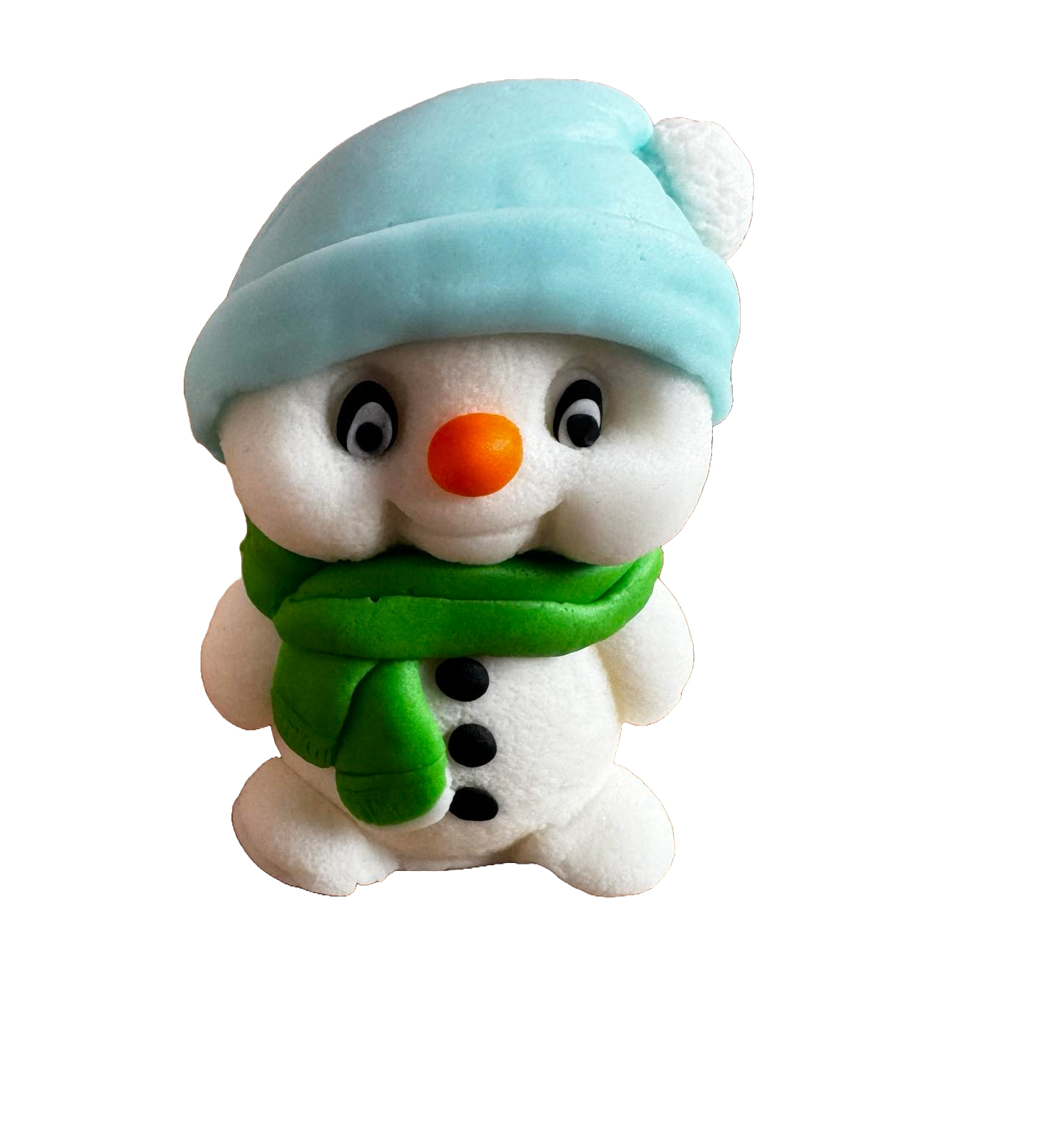 Decorazione commestibile in pasta di zucchero, Pupazzo di neve con sciarpa verde e cappello blu. Decorazioni in pasta di zucchero Naty Shop