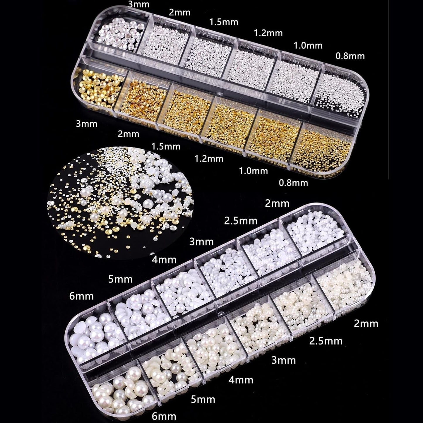 Portachiavi per unghie Set da 4 scatole - 48 tipi di portachiavi per unghie 3D in oro e argento (farfalle, fiori, perle, ecc.) + pinzette e penna - Per unghie in gel e acrilico fai da te | Ideale per salone di bellezza e casa