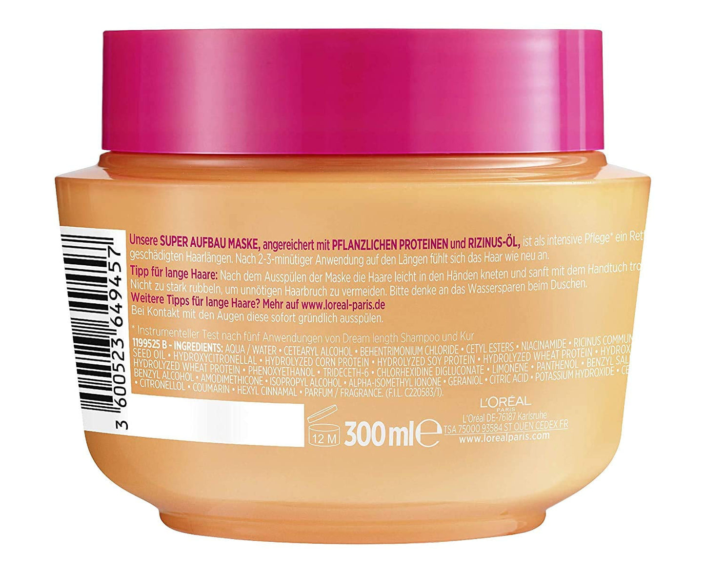 L'Oréal Paris Elvital Maschera per capelli anti-doppie punte per capelli lunghi e danneggiati, Trattamento intensivo con risciacquo, Con vitamine vegetali e olio di ricino, Maschera super rinforzante Dream Length, 1 maschera per capelli Naty Shop da 300 ml