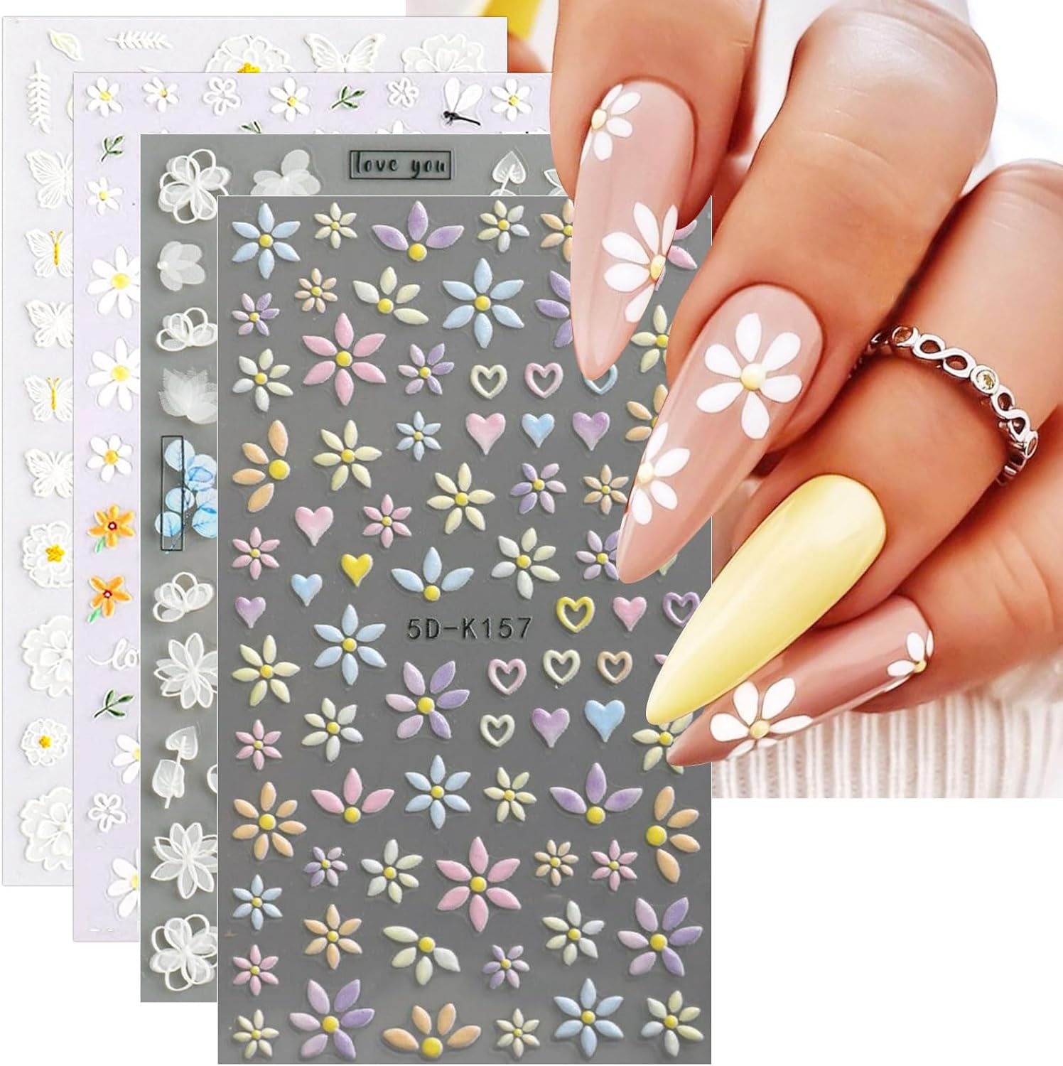 JMEOWIO 3D Nagelsticker Blume Frühlings Nail Art Sticker Self-klebend Nagelaufkleber 5D Stereoscopico Estate Bunter Blumen Dekoration Nageldesign Zubehör 4 Blatt