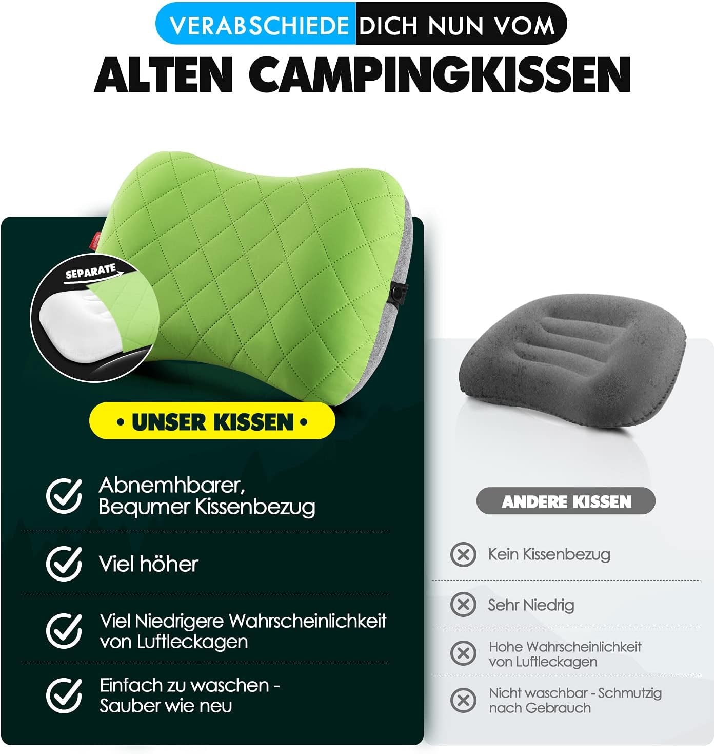 HIKENTURE Cuscino gonfiabile da campeggio/viaggio con fodera rimovibile, cuscino ergonomico, comodo cuscino per il collo da viaggio/outdoor, cuscino gonfiabile per il collo da viaggio (verde)... Cuscini ortopedici cervicali Naty Shop