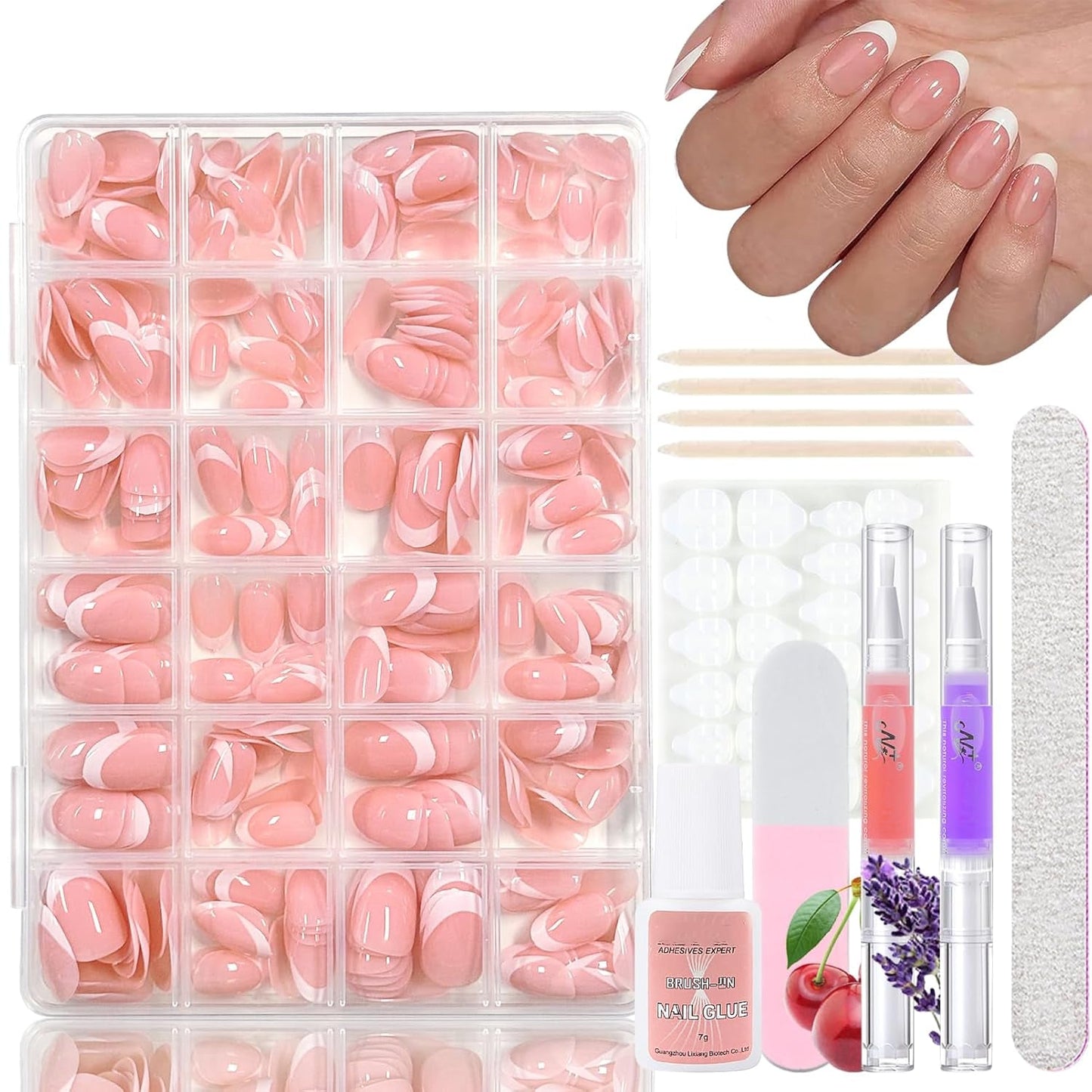 Set di 360 unghie finte ballerina sfumata, unghie artificiali incollate con sfumatura rosa bianca con 2 penne a olio per unghie, unghie finte medie sfumate per donne fai da te