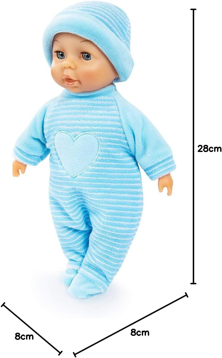 Bayer Design 92802AU Il mio primo bebè, 28 cm, bambola dal corpo morbido, con occhi addormentati, molto maneggevole, vestito carino, blu con cuore