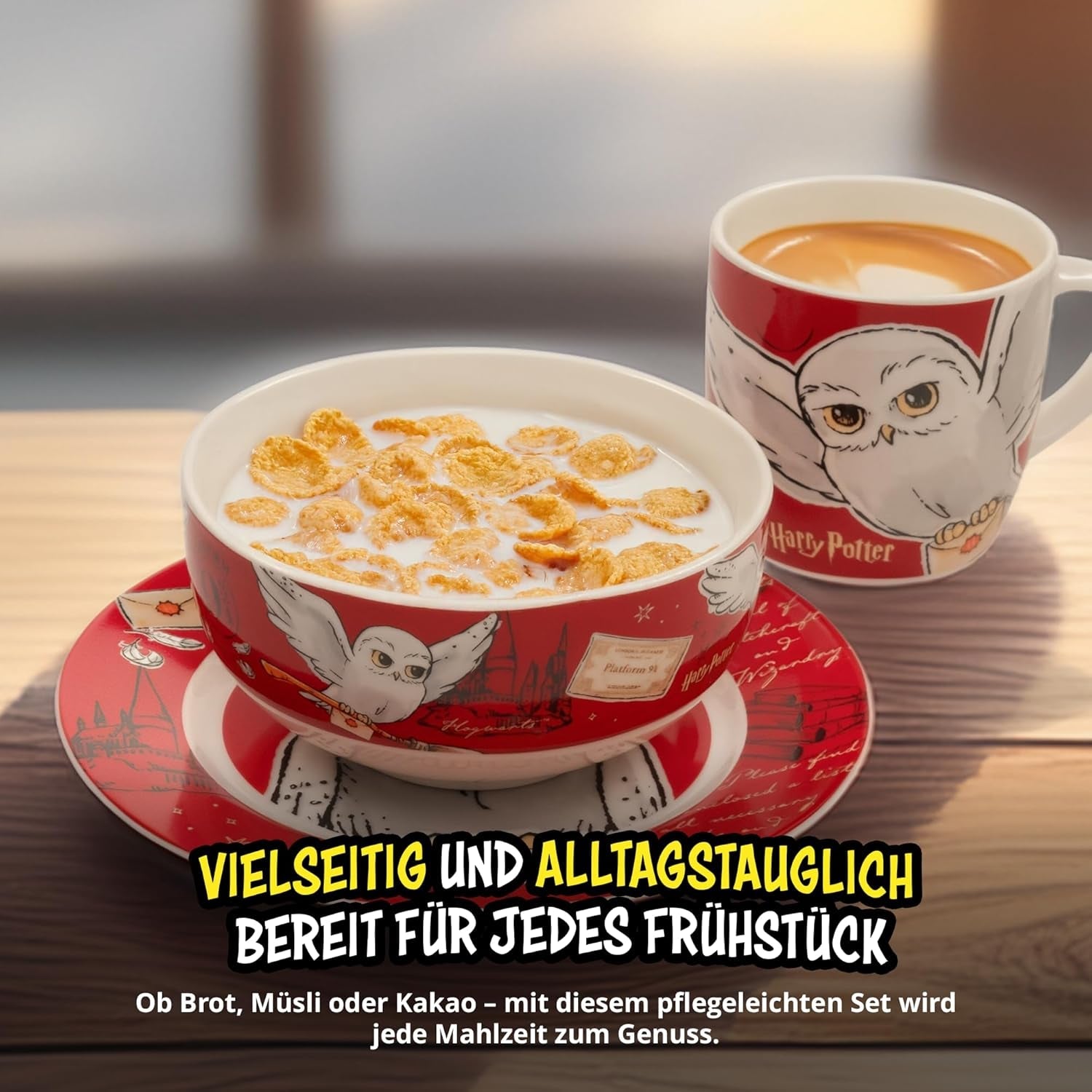 Set stoviglie Harry Potter 3 pezzi, rosso, set colazione in porcellana con piatto Ø 19 cm, tazza 220 ml e ciotola 330 ml, set stoviglie
