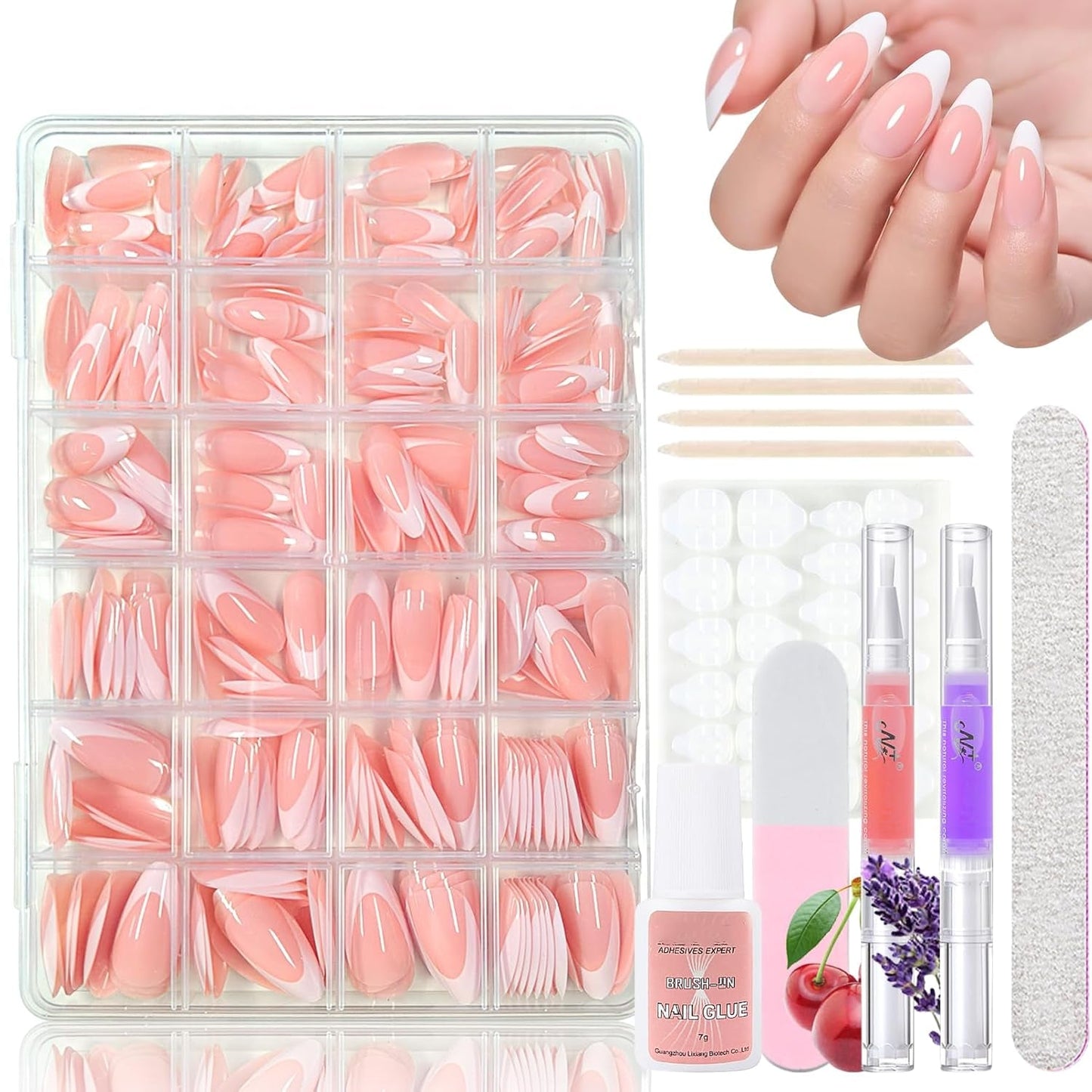 Set di 360 unghie finte ballerina sfumata, unghie artificiali incollate con sfumatura rosa bianca con 2 penne a olio per unghie, unghie finte medie sfumate per donne fai da te