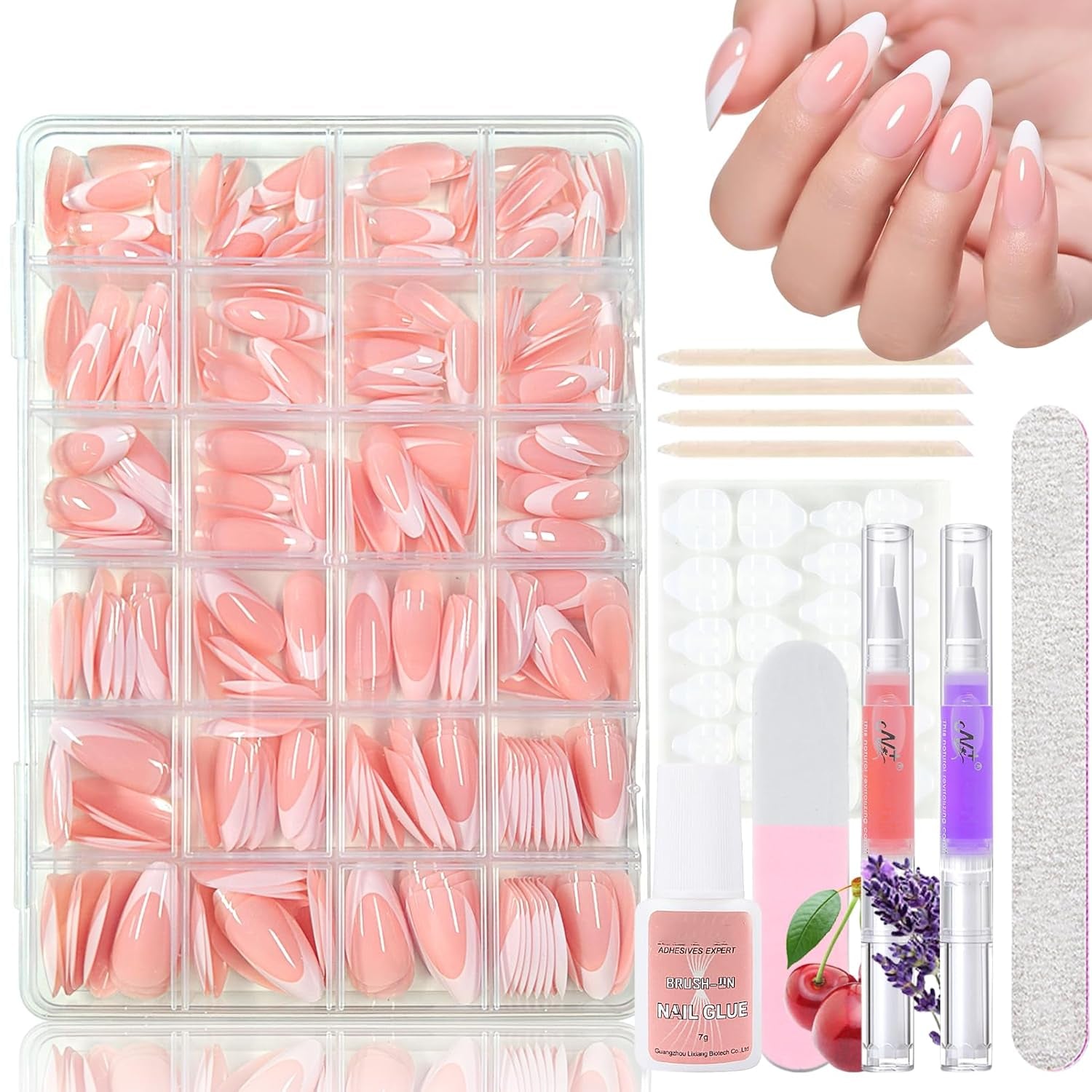 Set di 360 unghie finte ballerina sfumata, unghie artificiali incollate con sfumatura rosa bianca con 2 penne a olio per unghie, unghie finte medie sfumate per donne fai da te