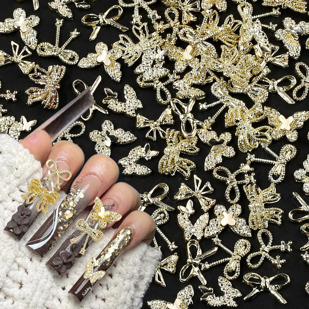 50 Pezzi 3D Fiocco Oro Charms Per Unghie Farfalla Nail Art Charms Legierung Bogen Nagel Charms Nägel Zubehör Schleife Nagelschmuck Metall Schleifen Schmetterling Nageldesign Nagelanhänger Nailart Strasssteine