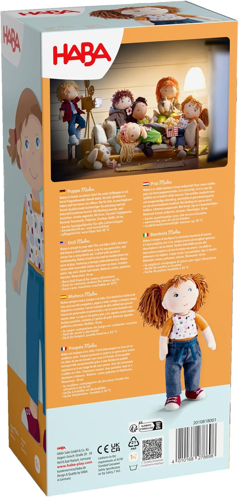 bambola HABA Malou - bambola morbida alta 30 cm per giocare e abbracciarsi - materiali morbidi e lavabili - alternativa ideale alle bambole di peluche - adatta a bambini da 1,5 anni - 2010818001